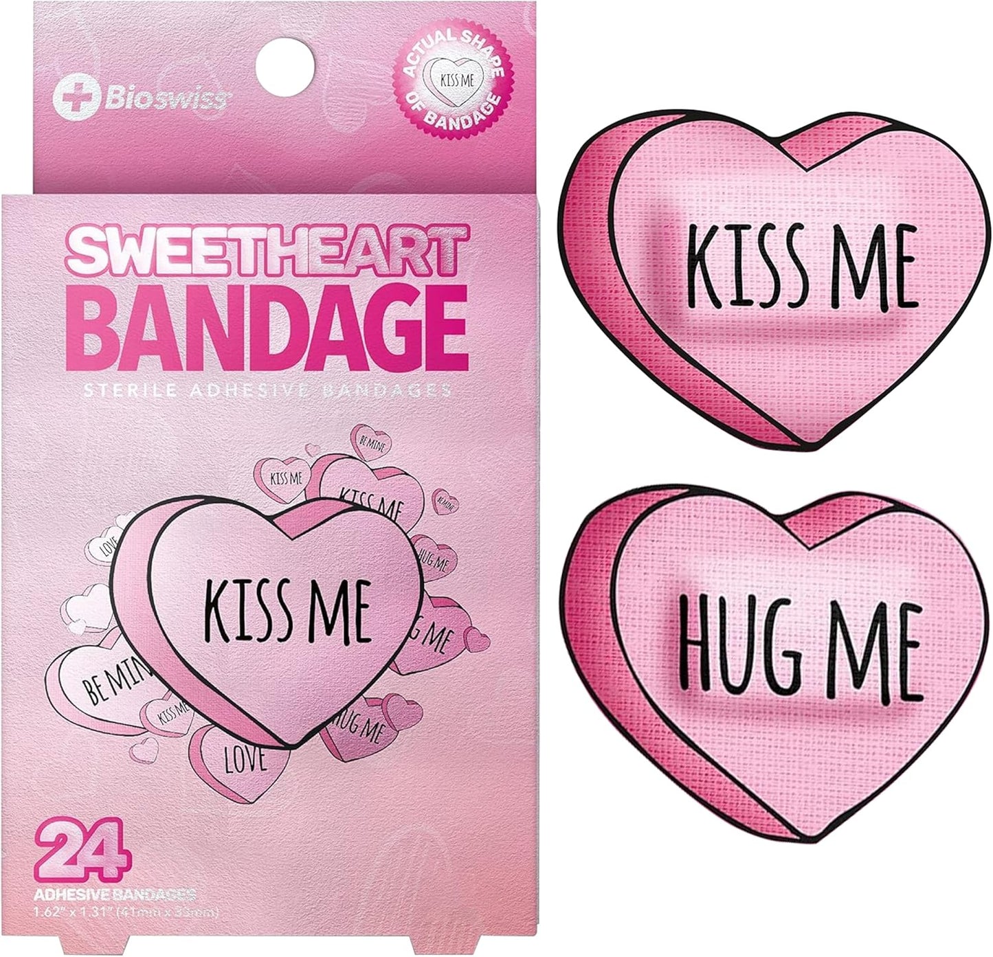 BioSwiss Bandages, Valentine Valentine Heart Shaped Self Adhesive Bandage, Latex Free Sterile Wound Care, Fun First Aid Kit Supplies for Kids, 24 Count