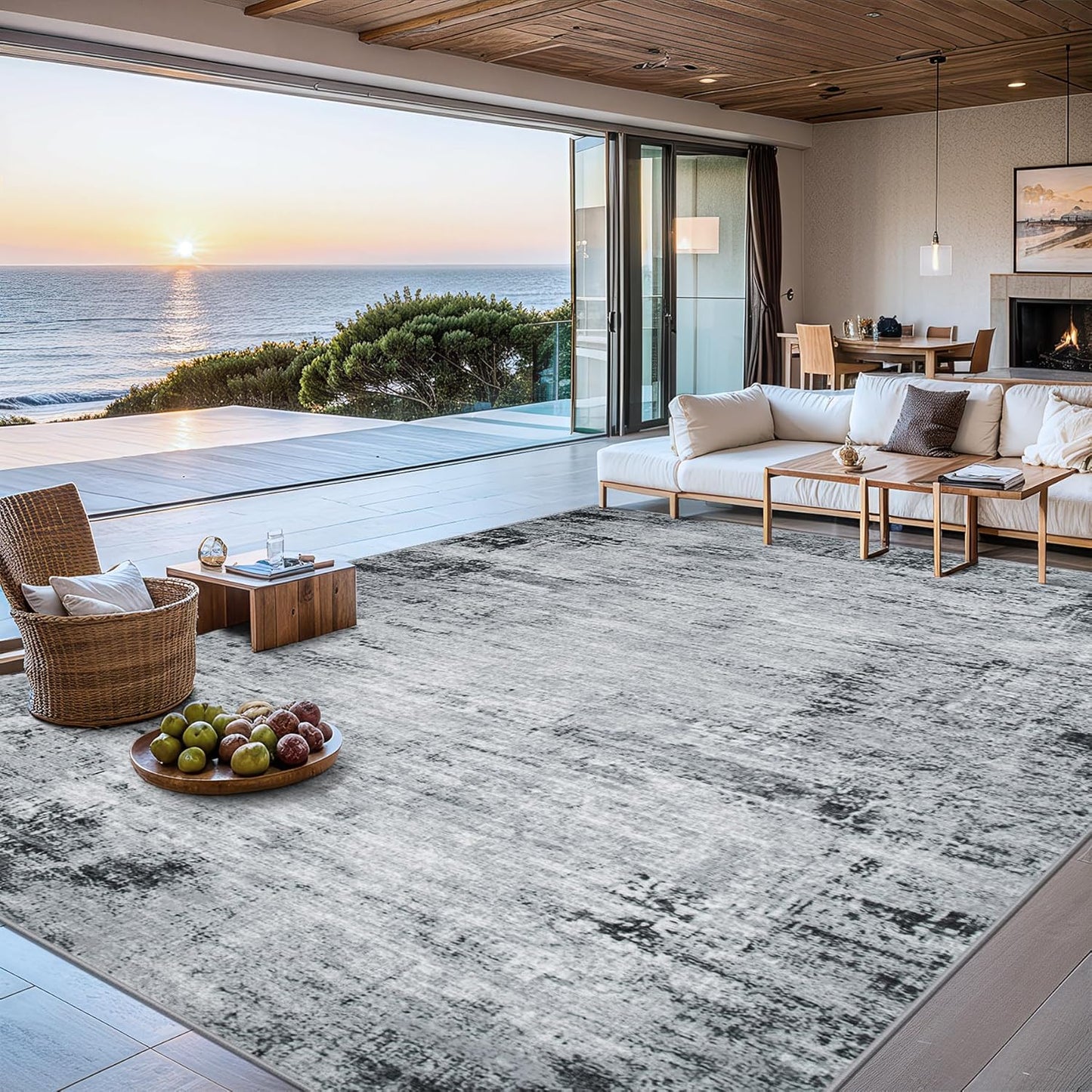 Area Rugs 10x14 Living Room - Washable Rug Modern Abstract Soft Large Neutral Non-Slip Carpet Indoor Floor Thin Carpets for Bedroom Dining Room Farmhouse Nursery Home Office Black