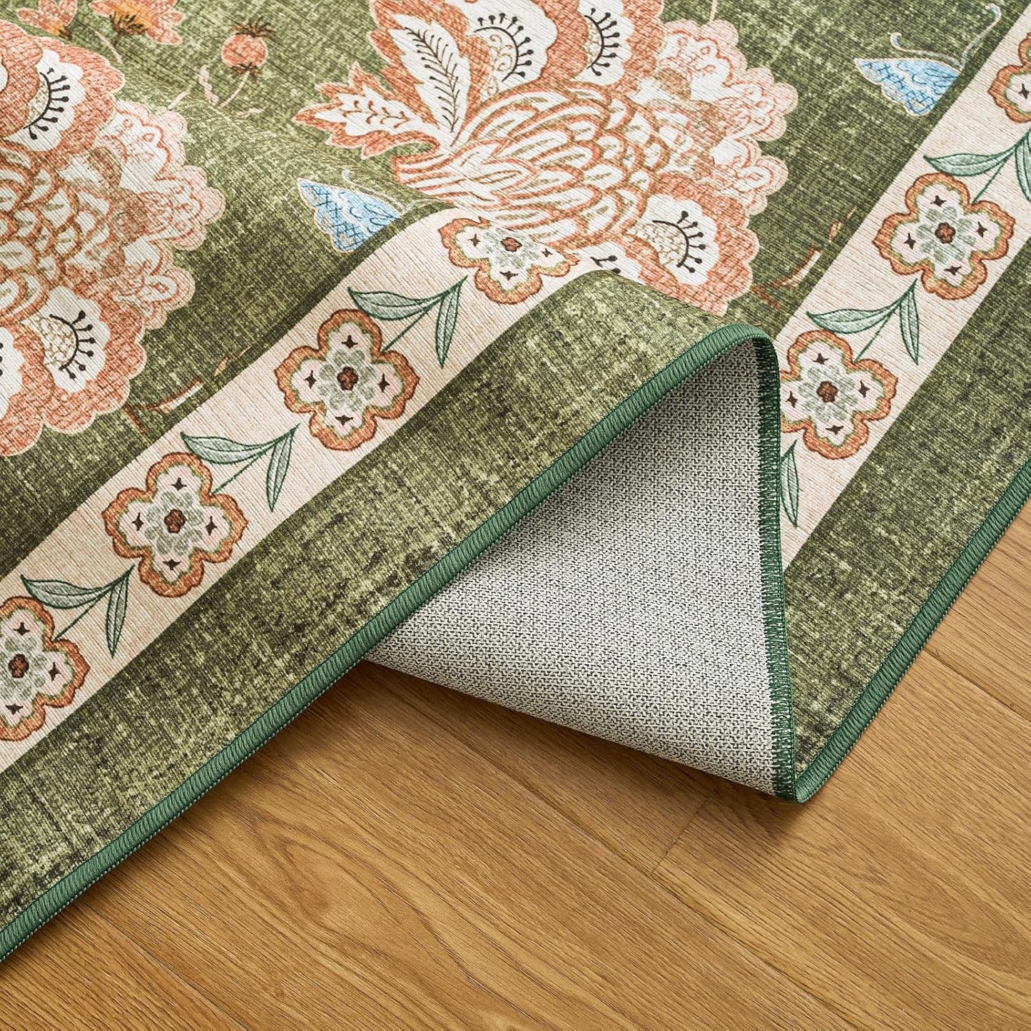 jinchan 3x10 Floral Runner Rug for Hallway Washable Kitchen Runner Vintage Romance Design Non Slip Thin Indoor Floor Cover Low-Profile Throw Carpet for Entryway Bathroom Bedroom Porch, Green