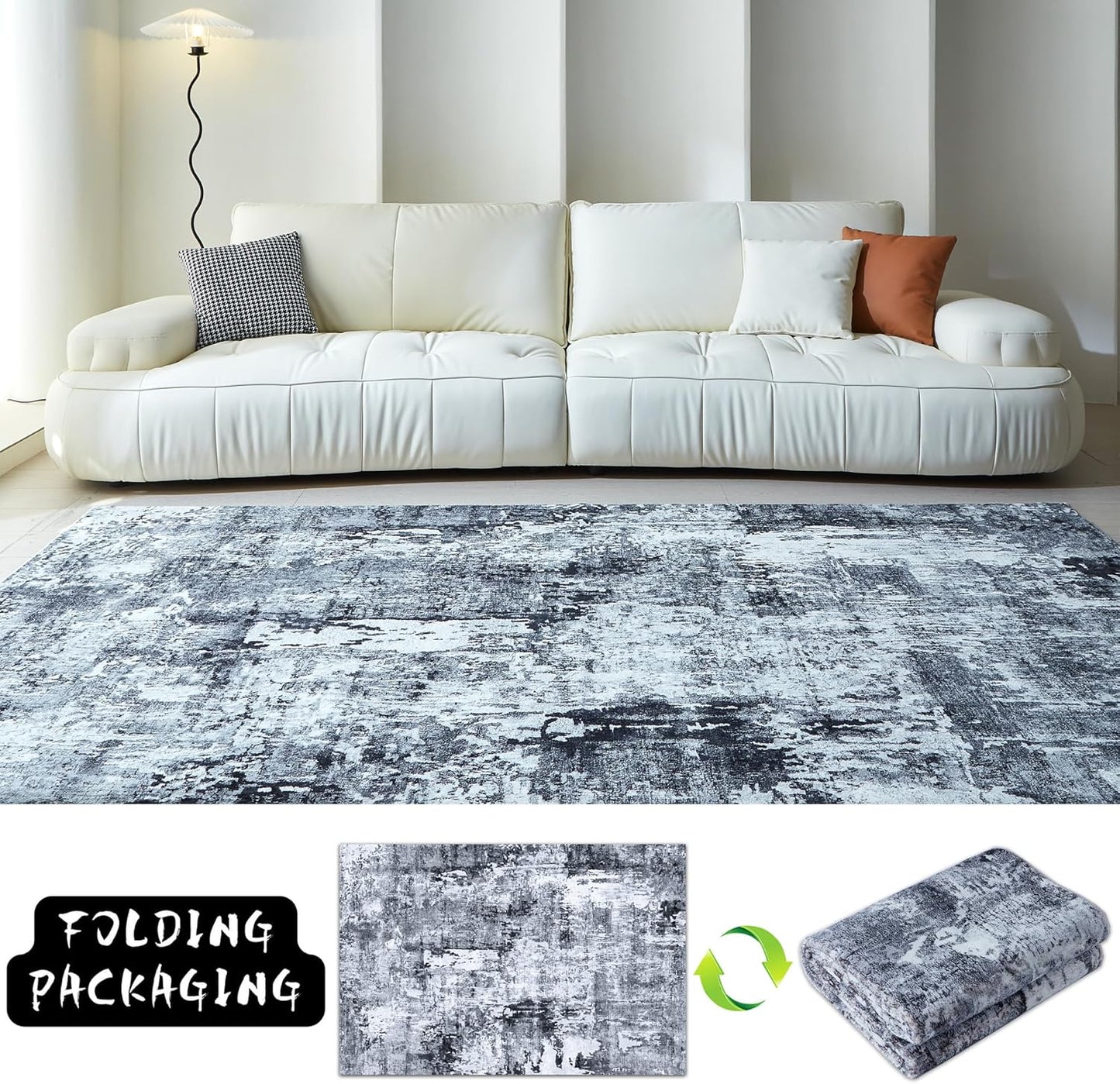 Area Rug 5x7 Washable Rug Boho Soft Abstract Pattern Non-Slip Faux Wool Vintage for Living Room, Bedroom, Farmhouse, Dining Room, Kids Playroom, Grey and Black