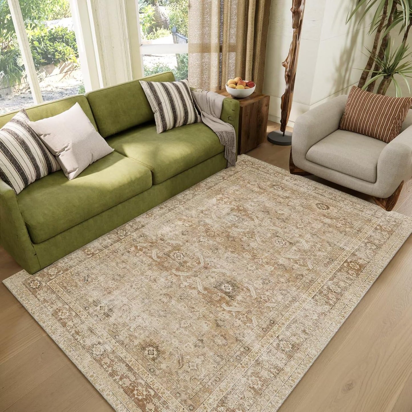 Washable 4x6 Rugs for Living Room, Boho Non-Slip Silicone Backing Small Rugs for Bedroom Nursery Office, 0.3" Neutral Oriental Throw Carpet with 0.16" Cushioning Pad, Brown/Multi