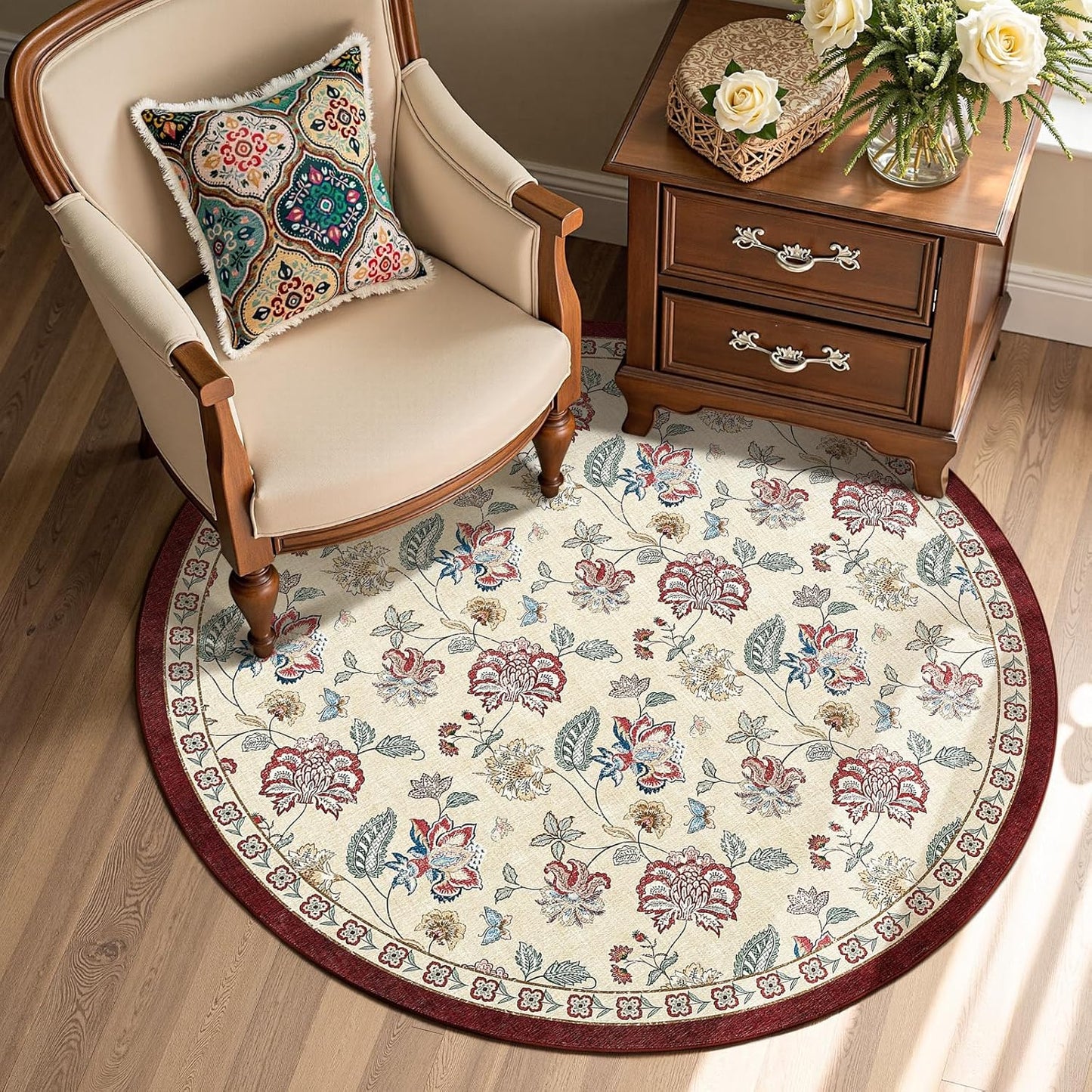 jinchan 4ft Floral Round Rug for Entryway Washable Kitchen Rug Vintage Romance Design Non Slip Indoor Doormat Lightweight Low-Profile Throw Carpet for Living Room Dining Room Bedroom, Red/Beige