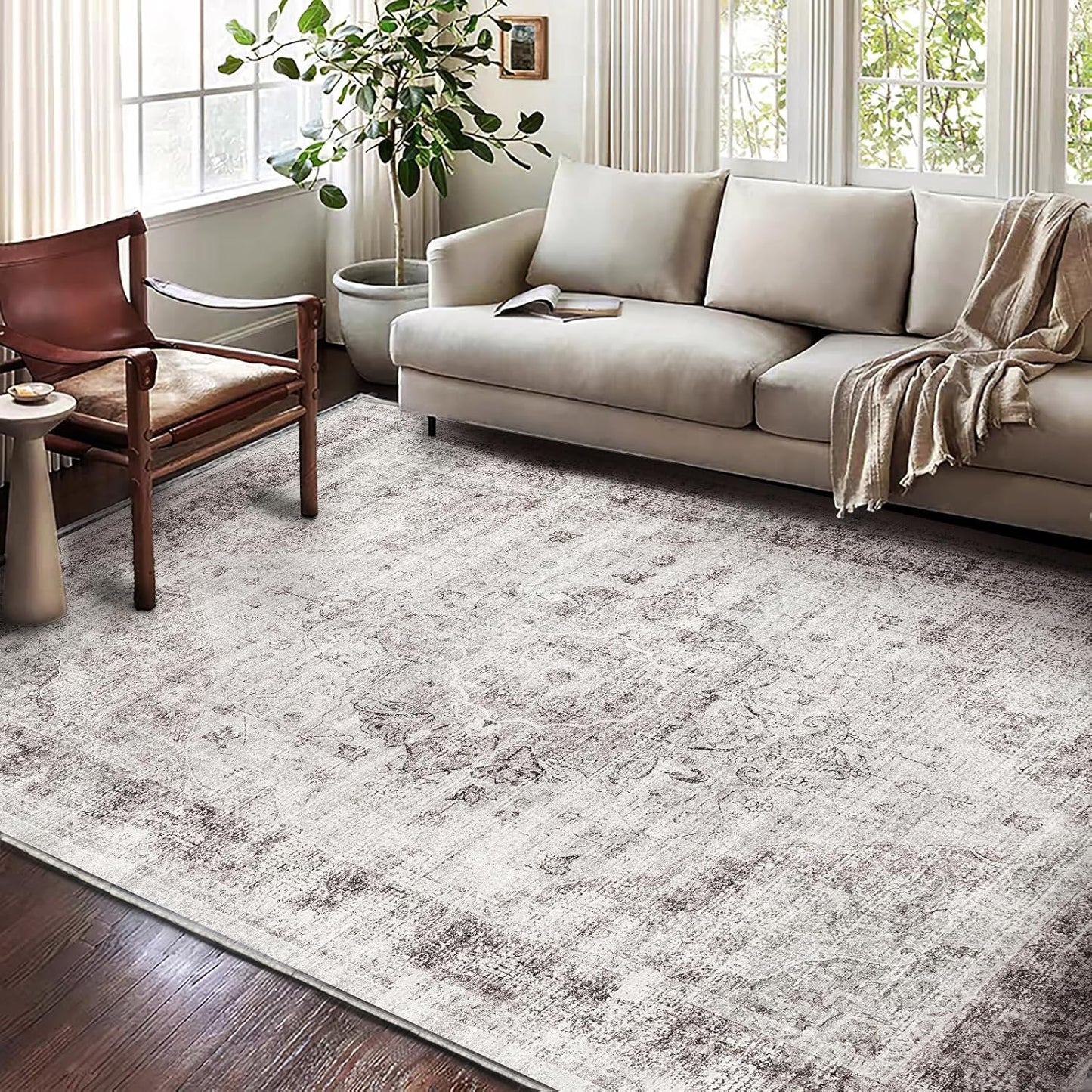 Washable Area Rug 8'x10' Floral red Boho Design Non-Shedding Non-Slip Easy Care Ideal for High Traffic Areas in Living Room Bedroom Office Coffee Table Kitchen Large Carpet