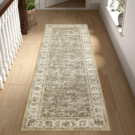 jinchan Runner Rug 2x6 Washable Hallway Runner - Vintage Floral Non Slip Low-Pile Soft Thin Kitchen Rug Distressed Carpet for Farmhouse Bedroom Entryway Laundry Room(2x6ft,Taupe)
