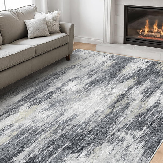 AMADA HOMEFURNISHING 6x9 Washable Area Rug, Modern Abstract Living Room Rug with Non-Slip Backing & Short Pile, Large Rug with Abstract Pattern for Living Room, Bedroom and Dinning Room, Light Grey