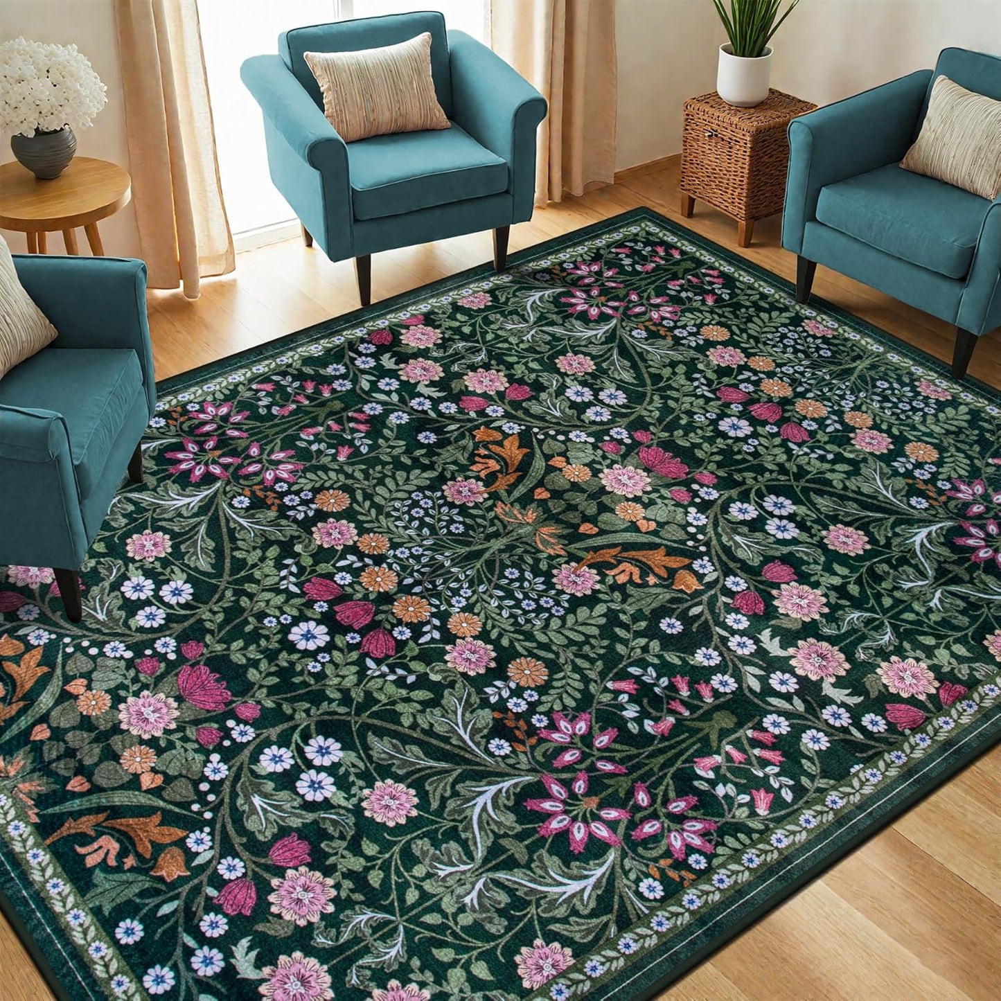 Area Rug Living Room Rugs: Floral 5x7 Washable Rug Vintage Soft Boho Non-Slip Carpet Indoor Floor Stain Resistant Large Carpets for Bedroom Dining Room Farmhouse Nursery Hallway Home Office Dark Green