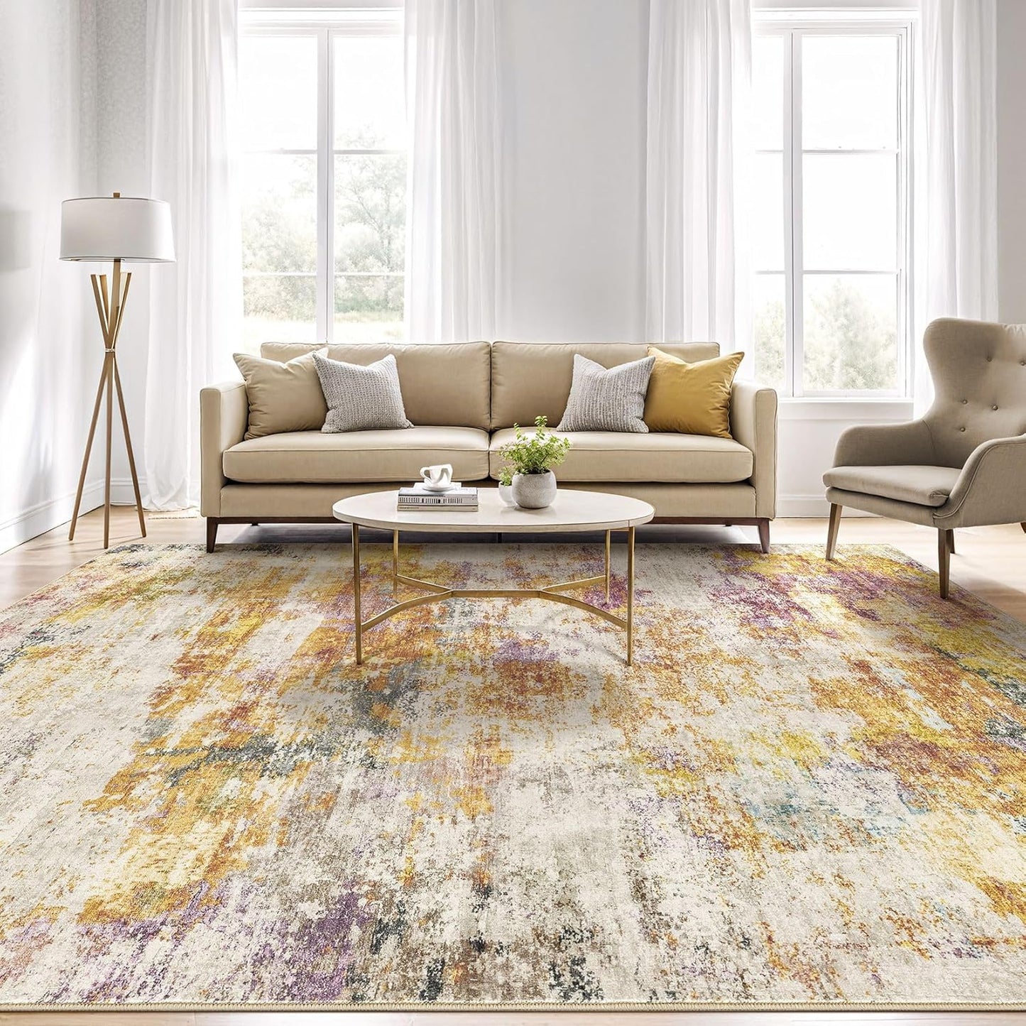 10X12 Area Rugs Living Room: Washable Large Abstract Modern Soft Stain Resistant Indoor Floor Rugs Non Slip Accent Carpet for Bedroom Nursery Playroom Office Dining Room Dorm Home House- Gold Colorful