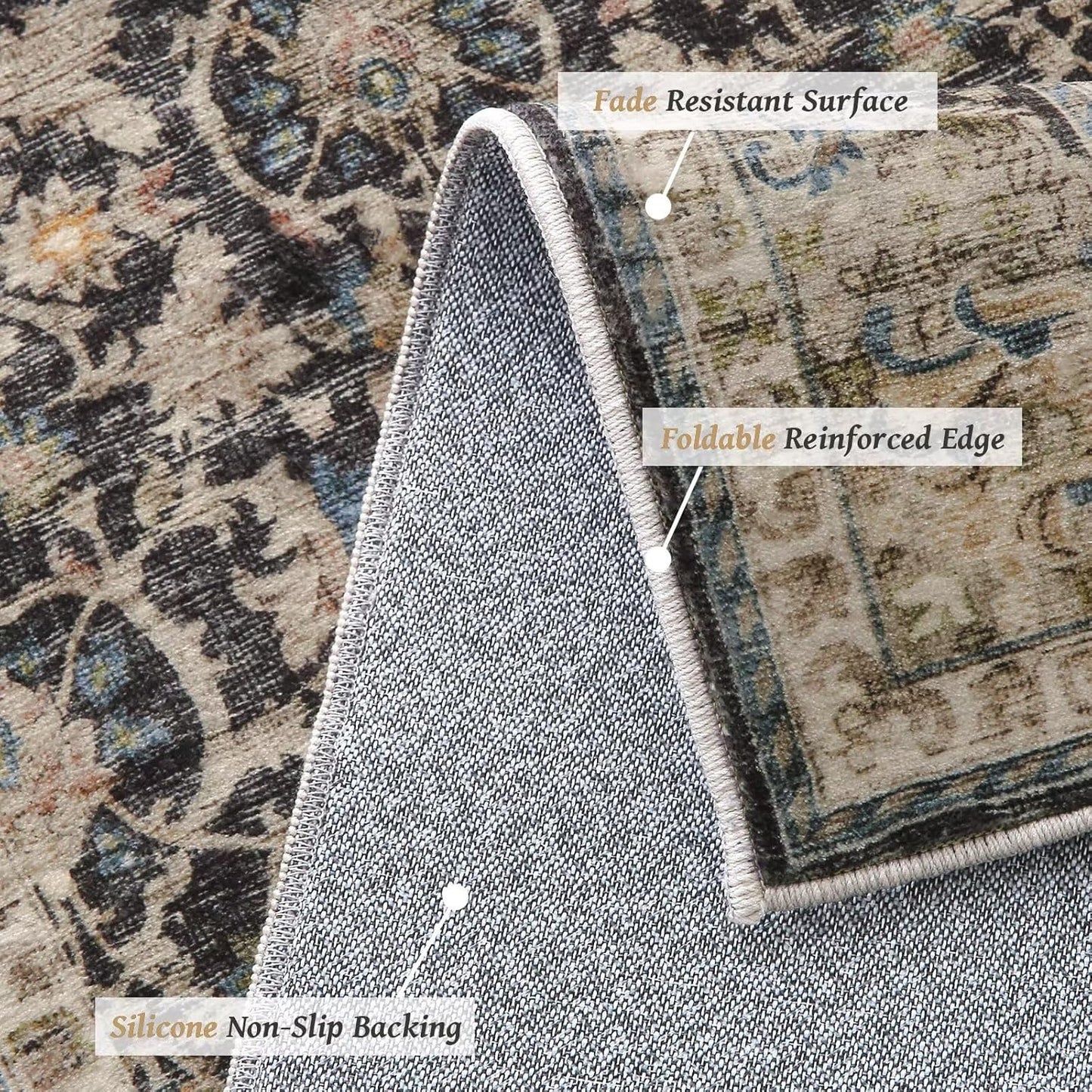 Washable 9x12 Area Rugs for Living Room, Boho Non-Slip Silicone Backing Rugs for Bedroom Dining Room Nursery Office, 0.3" Neutral Oriental Throw Carpet with 0.16" Cushioning Pad, Black/Multi