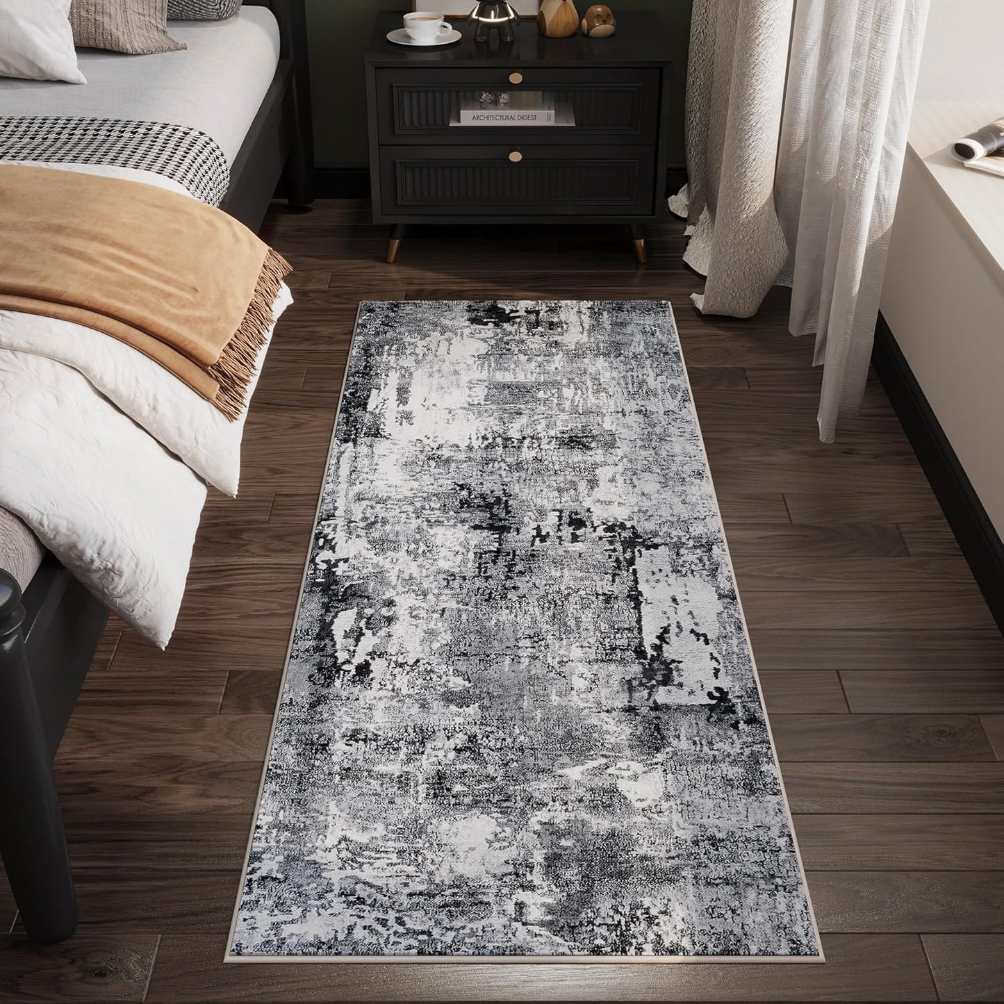 Runner Rug 2'6''x8' Hallway Washable Boho Soft Area Rug Abstract Pattern Non-Slip Faux Wool Vintage for Kitchen, Entryway, Laundry, Bedroom, Grey and Black