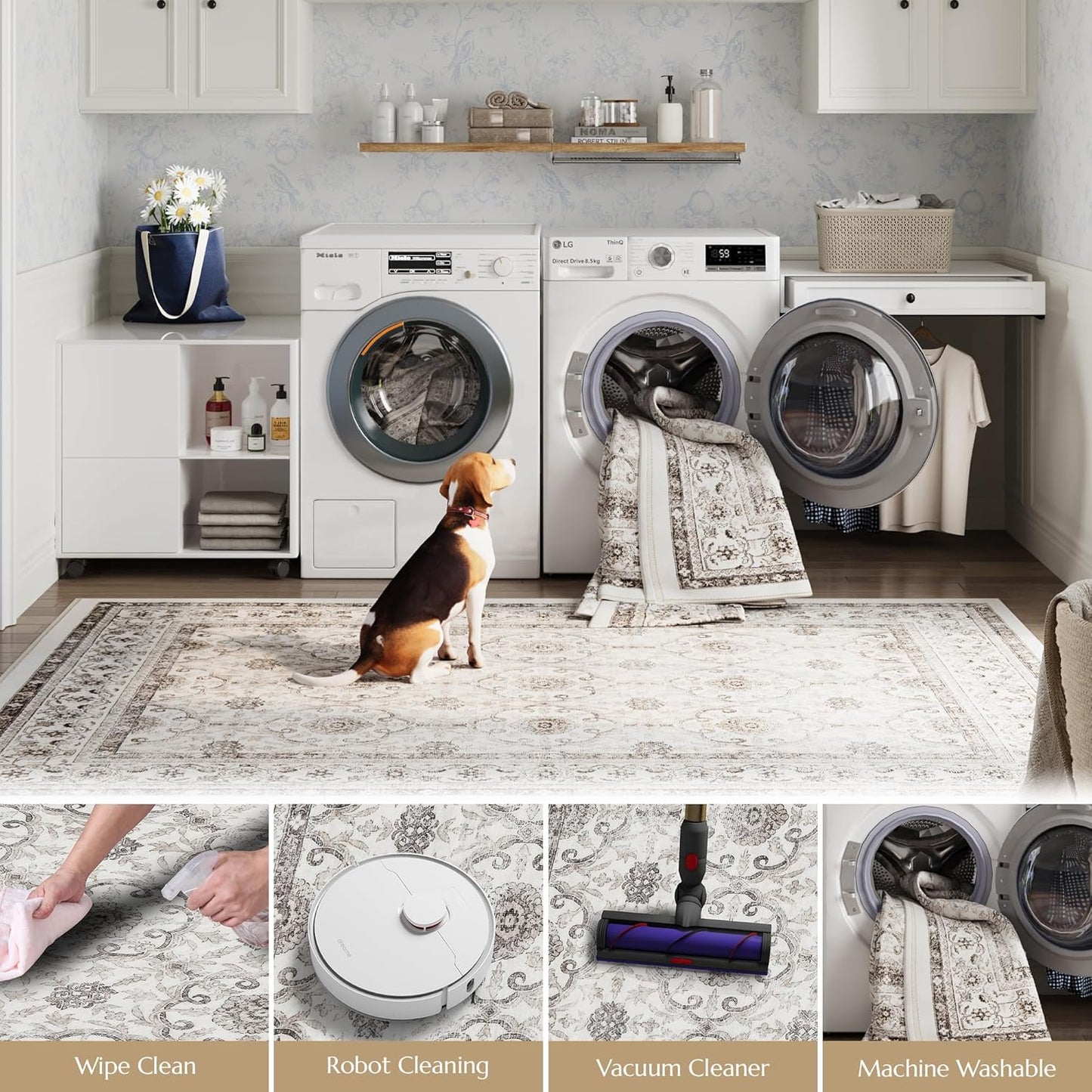 jinchan Round Rug 4ft Washable Circle Soft Rug - Low Pile Vintage 4'Round Indoor Beige Floral Print Stain Resistant Boho Carpet Ultra-Thin Non-Slip for Entryway Nursery Bedroom Dining Room Kitchen