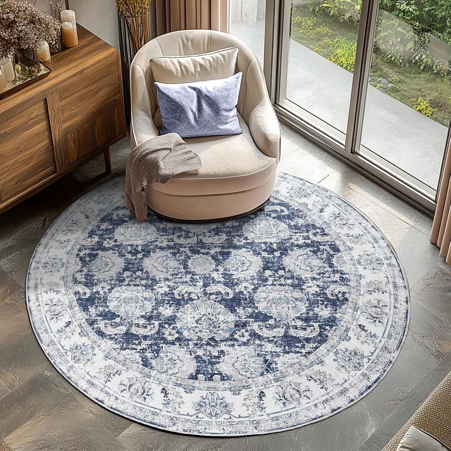 jinchan Round Rug 5ft Area Rugs Vintage Floral Distressed Design - Machine Washable Non-Slip Low-Pile Ultra-Thin Circle Rug for Entryway Bedside Living Room Dining Room Bedroom (5' Round,Dark Blue)