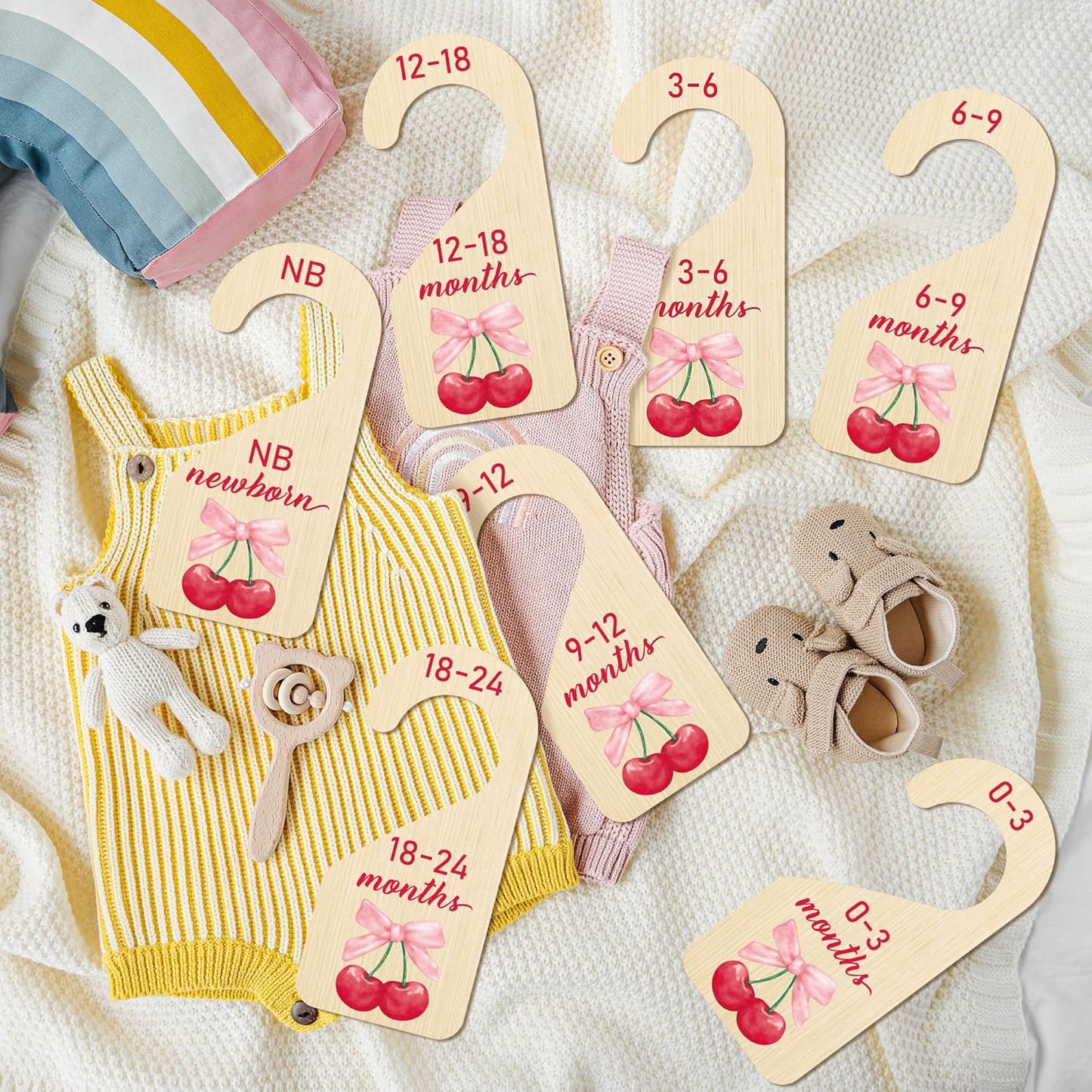 R HORSE Wooden Baby Closet Dividers - 8Pcs Double-Sided Cherry Pink Bow Baby Closet Organizer Newborn Clothes Size Hanger Dividers Nursery Decor Baby Shower Birthday Gift for Boy Girl (0-24 Months)