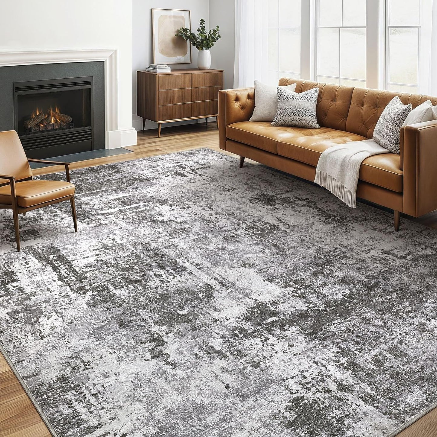 5x8 Area Rug Living Room: Machine Washable Large Abstract Modern Soft Rugs Stain Resistant Indoor Floor Non Slip Accent Carpet for Bedroom Nursery Playroom Dining Room Office Dorm Home- Black Grey