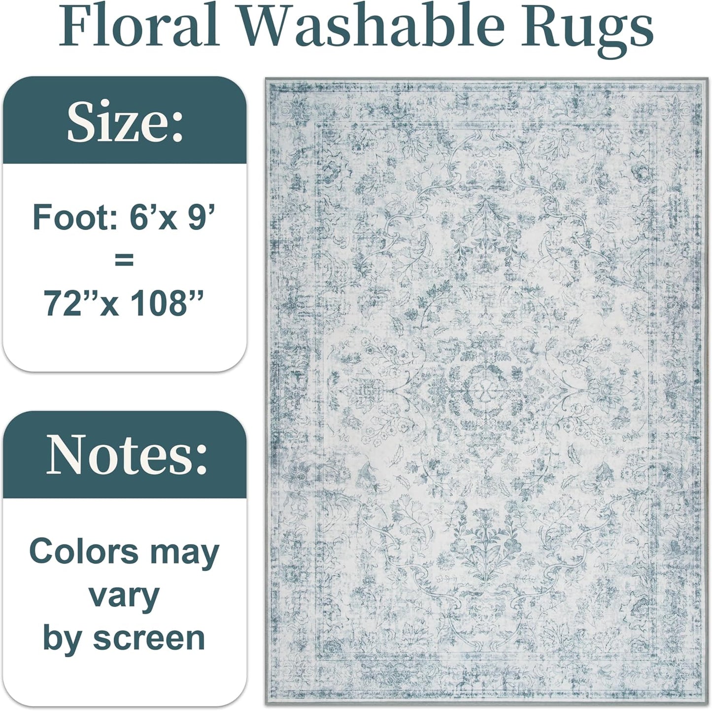 Light Blue 6x9 Area Rug Machine Washable for Living Room, Distressed Non Slip Rugs for Bedroom, Traditional Indoor Retro Floral Accent Vintage Carpet for Office Dining Room, Dorm