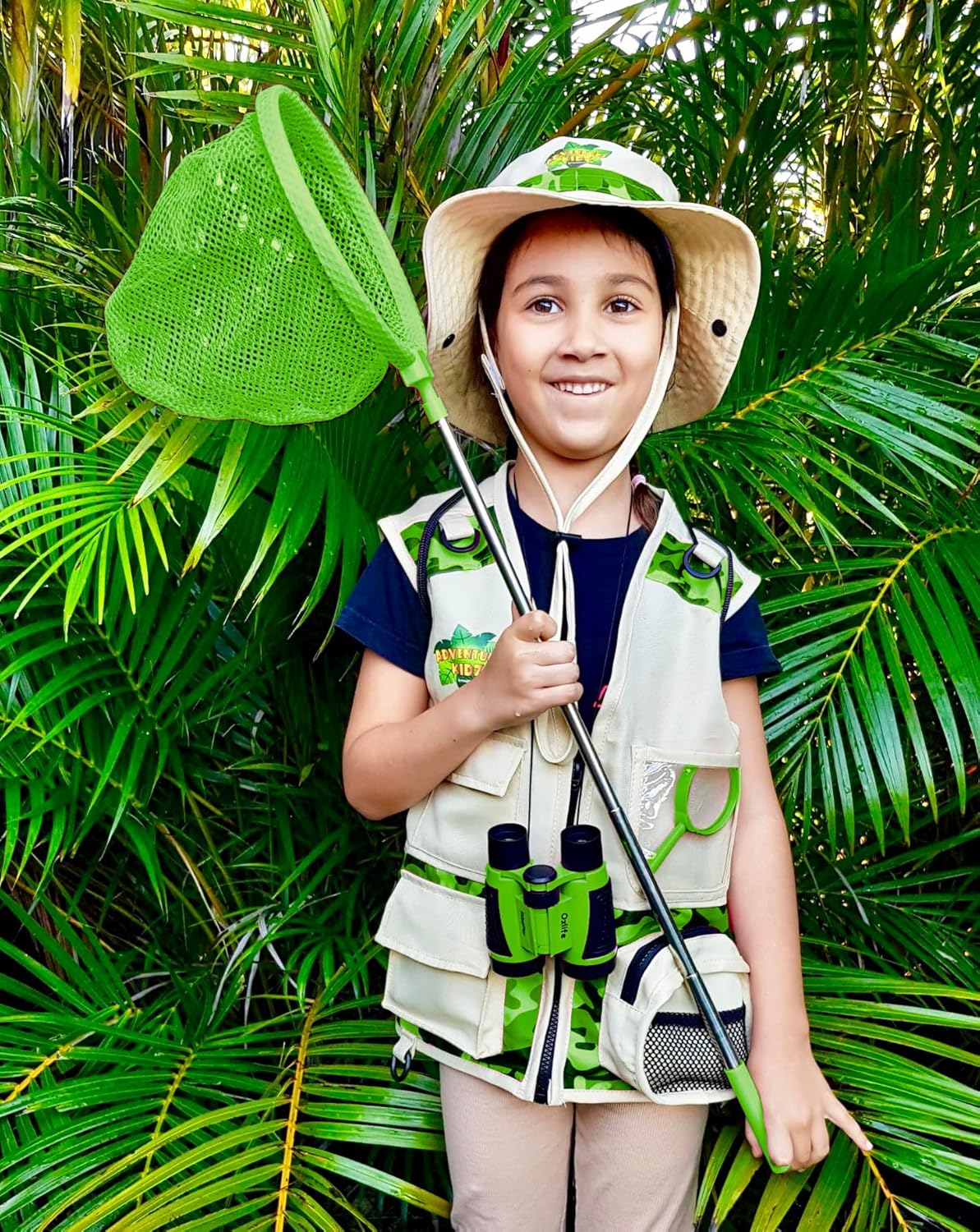 Bug Hunting Kit, Green Safari Vest, Hat, Binoculars, Lg. Butterfly Net, Bug Container, Whistle, Flashlight, Magnifier, Thermostat, Compass, Age 3+