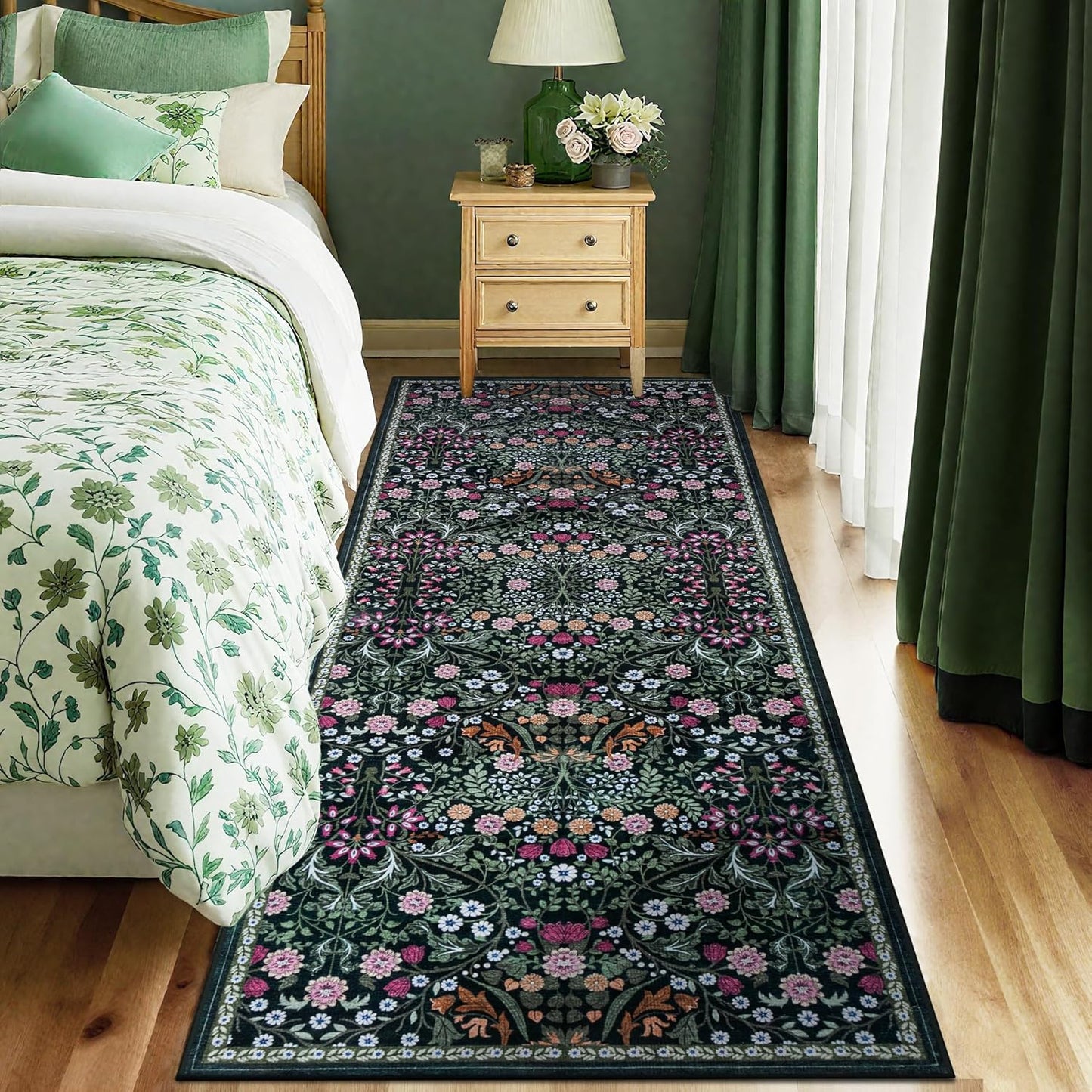 Runner Rug for Entryway: 2.6x8 Kitchen Rugs Non Slip Washable Ultra-Thin Soft Floral Carpet Indoor Floor Stain Resistant Carpets for Hallway Bedroom Kitchen Laundry Bathroom Dorm Dark Green