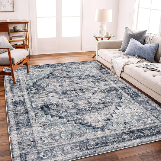 Area Rug 6'x9' Dark Blue Washable Vintage Traditional Floor Cover Thin Retro Kitchen Indoor Distressed Non Slip Carpet for Living Room Bedroom Dining Room