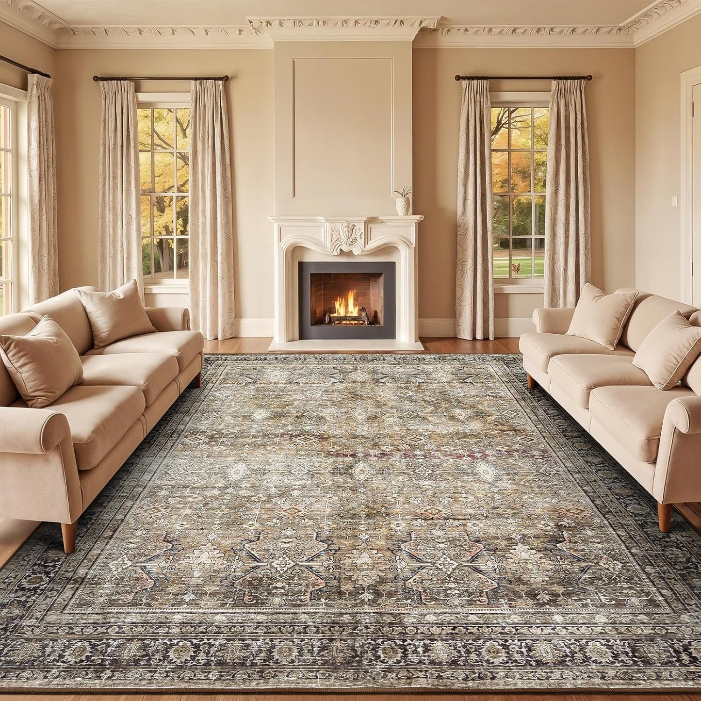 Lofus 9x12 Area Rug for Living Room,Brow Washable Large Rugs with Non-Slip Backing,Soft Neutral Carpets for Bedroom Dining Room Home Office Indoor Nursery