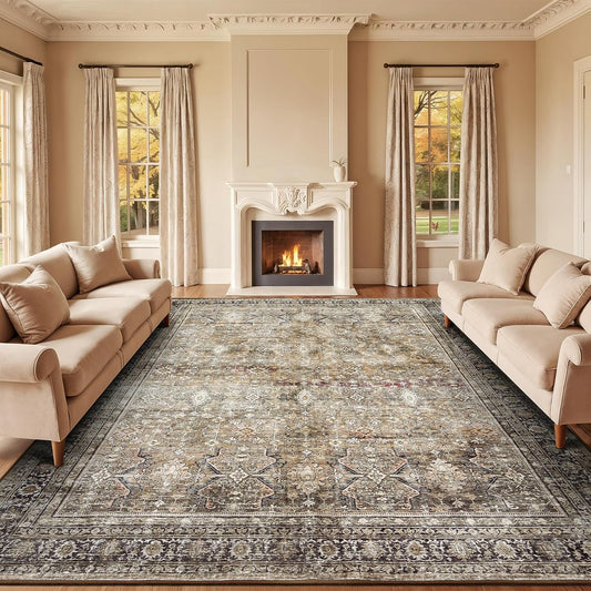 Lofus 9x12 Area Rug for Living Room,Brow Washable Large Rugs with Non-Slip Backing,Soft Neutral Carpets for Bedroom Dining Room Home Office Indoor Nursery