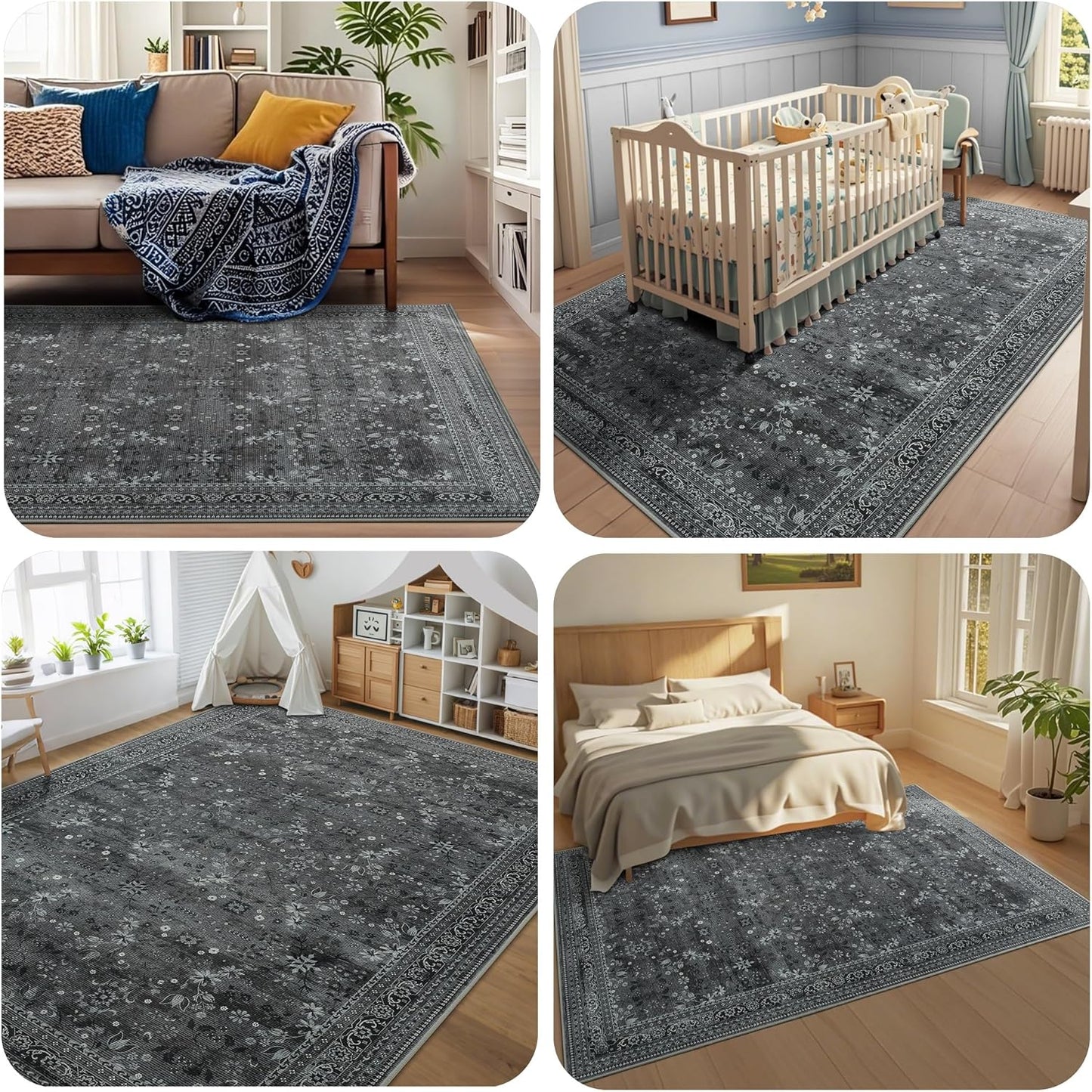 Large 8x10 Washable Area Rug for Living Room, No Shedding Vintage Floral Rugs Non Slip, Indoor Thin Retro Accent Carpet for High Traffic Areas Bedroom Farmhouse Dining Room Black/Gray