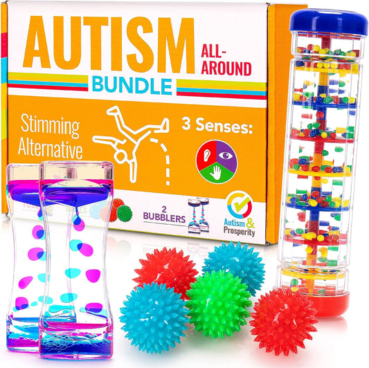 Autism & Prosperity Autism Sensory Products Bundle - Sensory Toys for Kids with Autism, Rainmaker Bubblers Spiky Sensory Balls for Autistic Children, Special Education Autism Toys Age 3 4 5 7 8 12