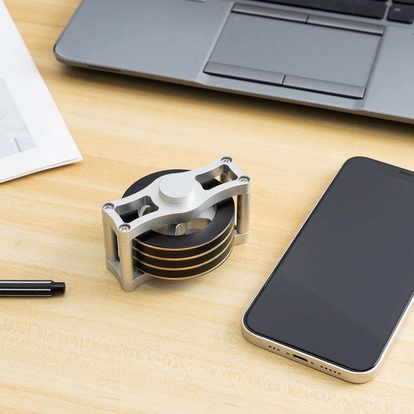 Brass Kinetic Spinning Top, Desk Fidget Toy for Adults, Stress Relief Toy for Office, Black