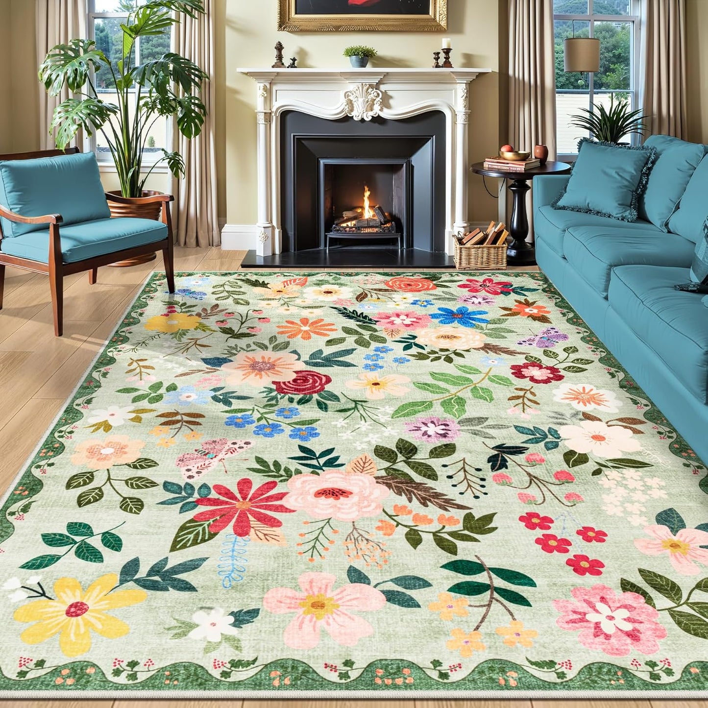 10x12 Area Rugs for Living Room: Floral Washable Rug Vintage Large Soft Boho Non-Slip Carpet Indoor Stain Resistant Low Pile Carpets for Bedroom Dining Room Farmhouse Nursery Hallway Home Office Green