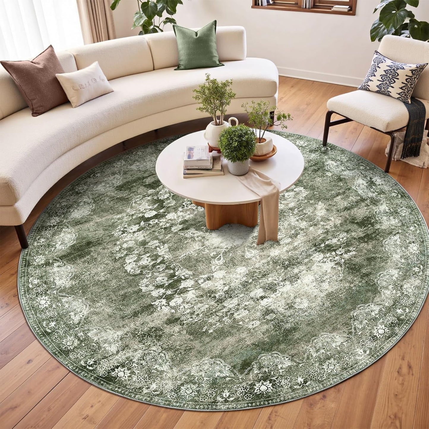 jinchan Round Rug 7ft Area Rug - Green Vintage Floor Mat Kitchen Indoor - Washable Circle 7' Thin Floral Print Carpet Retro Farmhouse Non Slip Dining Room Living Room Bedroom Office