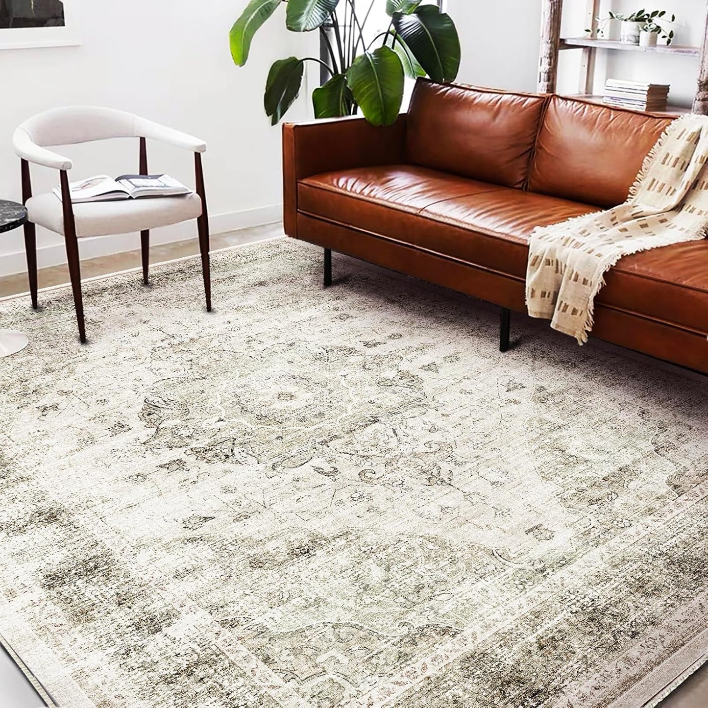 Washable Area Rug 8'x10' Retro Floral Khaki Boho Design Non-Shedding Non-Slip Easy Care Ideal for High Traffic Areas in Living Room Bedroom Office Coffee Table Kitchen Large Carpet