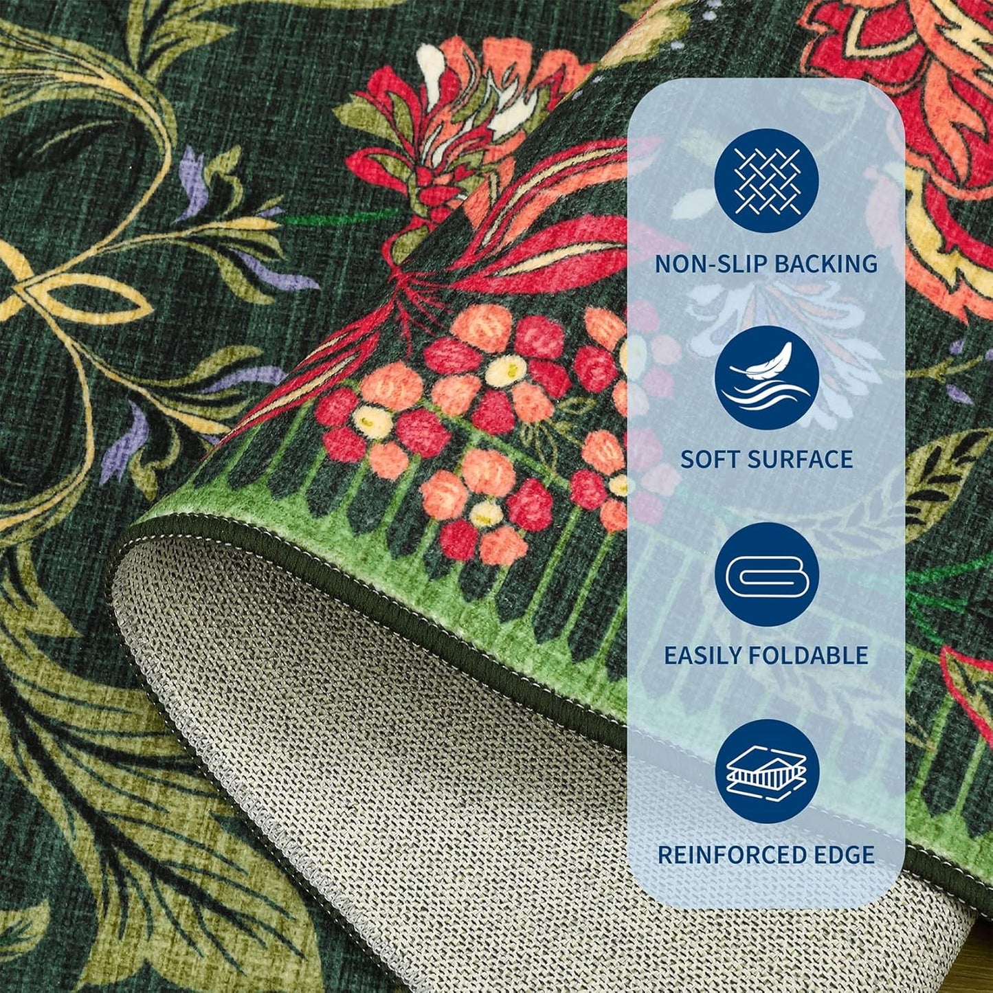 GarveeHome Forest Green Floral Botanical Washable 9x12 Rug for Living Room Soft Vintage Boho Cottage Large Rugs Low-Pile Carpet for Bedroom Dining Nursery Rug