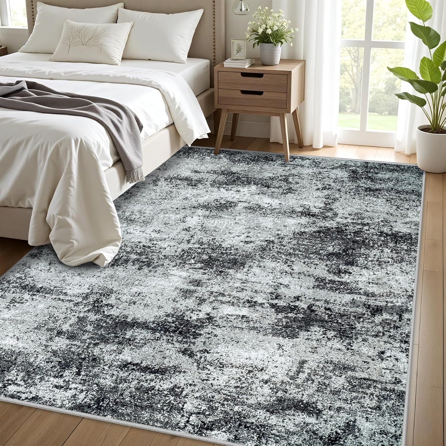 Washable Rug 6x9 Area Rugs: Abstract Washable Rugs with Non-Slip Backing, Stain Resistant Indoor Floor Carpet for Bedroom Dining Room Table Nursery Hallway Home Office Dark Black/Gray