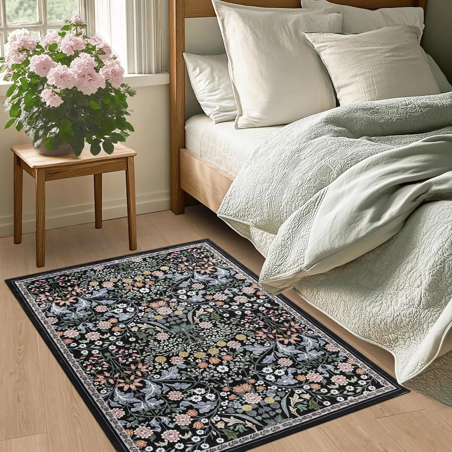 Entryway Rug 2X3 Small Rugs: Floral Washable Door Mat Vintage Soft Low Pile Non-Slip Kitchen Rugs Stain Resistant Indoor Throw Rug for Entrance, Bedroom, Kitchen, Laundry, Bathroom Dark Black
