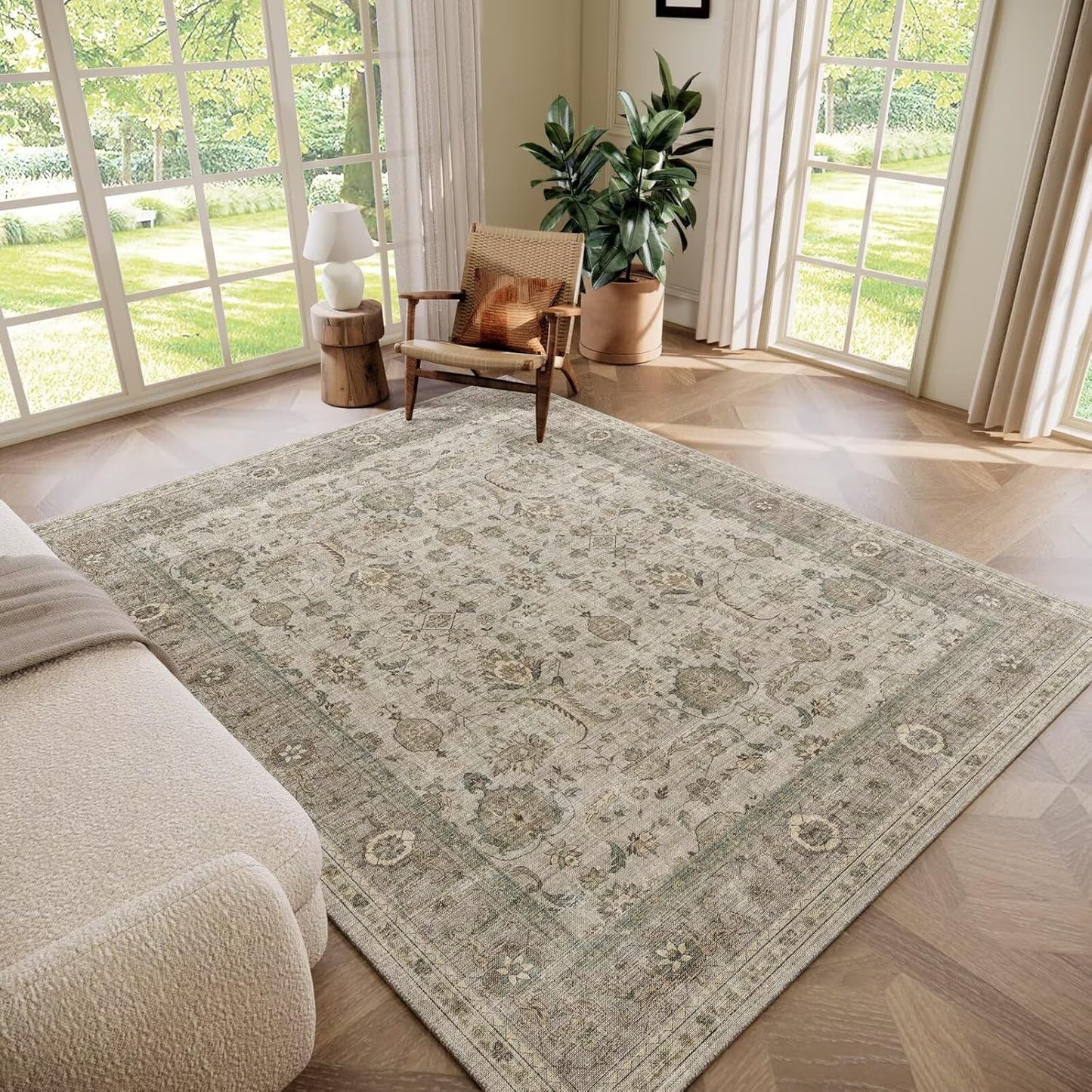 Washable 5x7 Area Rugs for Living Room, Boho Non-Slip Silicone Backing Rugs for Bedroom Dining Room Nursery Office, 0.3" Neutral Oriental Throw Carpet with 0.16" Cushioning Pad, Light Brown/Multi