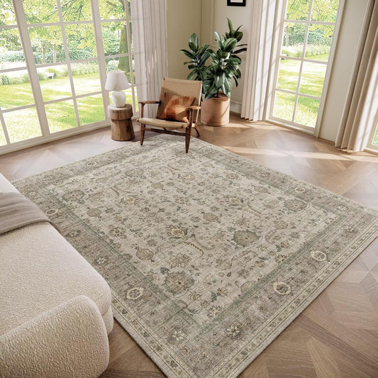 Washable 5x7 Area Rugs for Living Room, Boho Non-Slip Silicone Backing Rugs for Bedroom Dining Room Nursery Office, 0.3" Neutral Oriental Throw Carpet with 0.16" Cushioning Pad, Light Brown/Multi