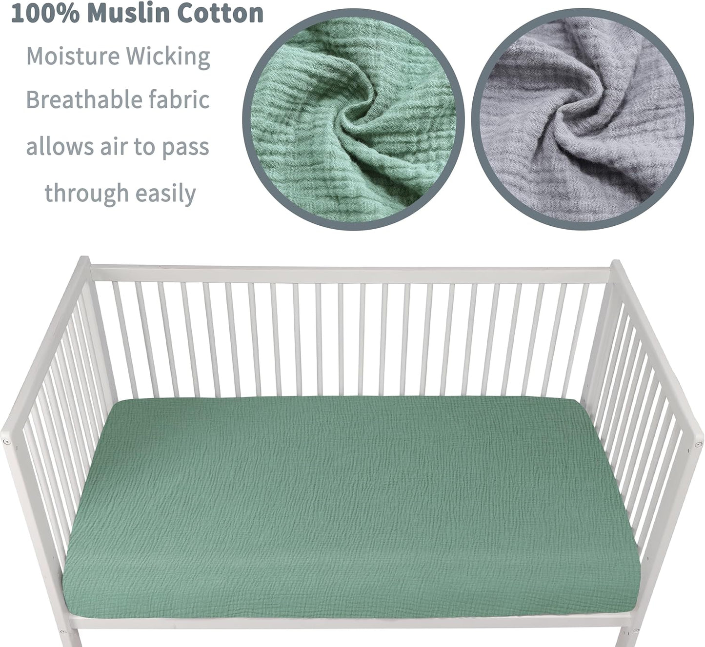 Muslin Crib Sheets for Boys Girls 100% Cotton Fitted Baby Crib Sheet 2 Pack Soft and Breathable for Standard Crib Mattress & Toddler Mattress 52x28in (Gray & Green)