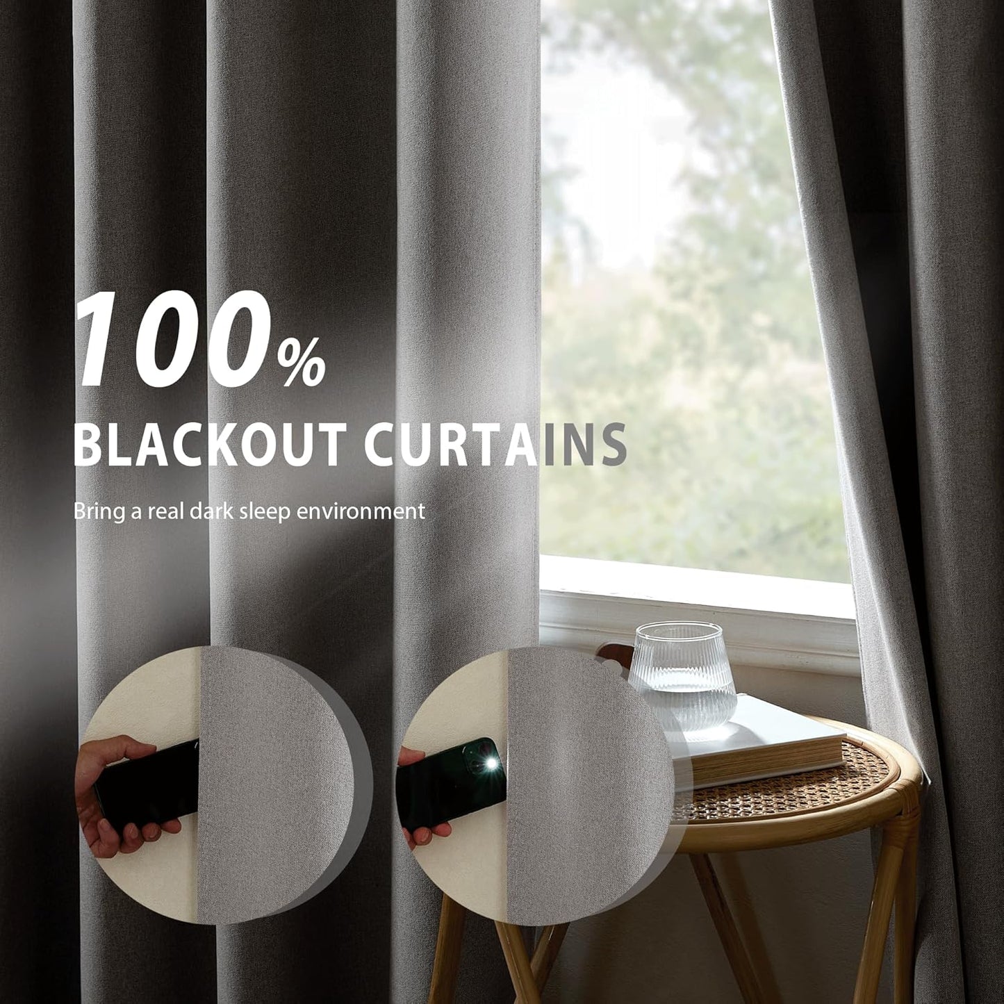 NICETOWN 100% Absolutely Blackout Faux Linen Curtains with Thermal Insulated White Liner, 52" W, 2 PCs, Light Grey, 90" Long Drapes Sweep The Floor Decorative Keep Privacy Panels for Living Room/Villa