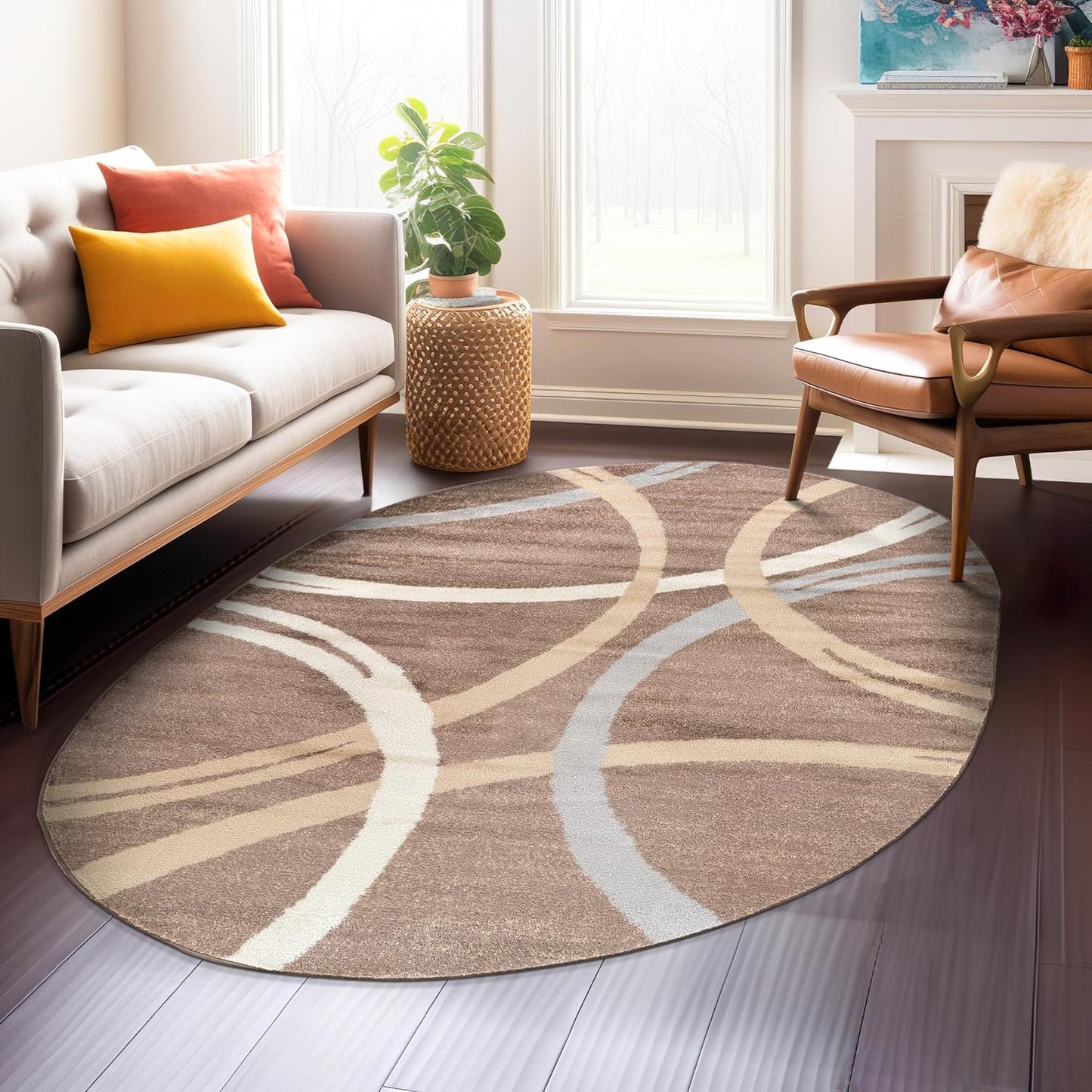 Rugshop Modern Wavy Circles Design Oval Area Rug 5' x 7' Brown