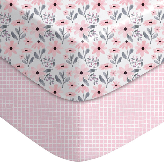 Yoofoss Crib Sheets Girl 2 Pack, 52x28 Fitted Baby Crib Sheet Fits for Standard Crib and Toddler Mattress, Ultra Soft Breathable Microfiber Pink Floral
