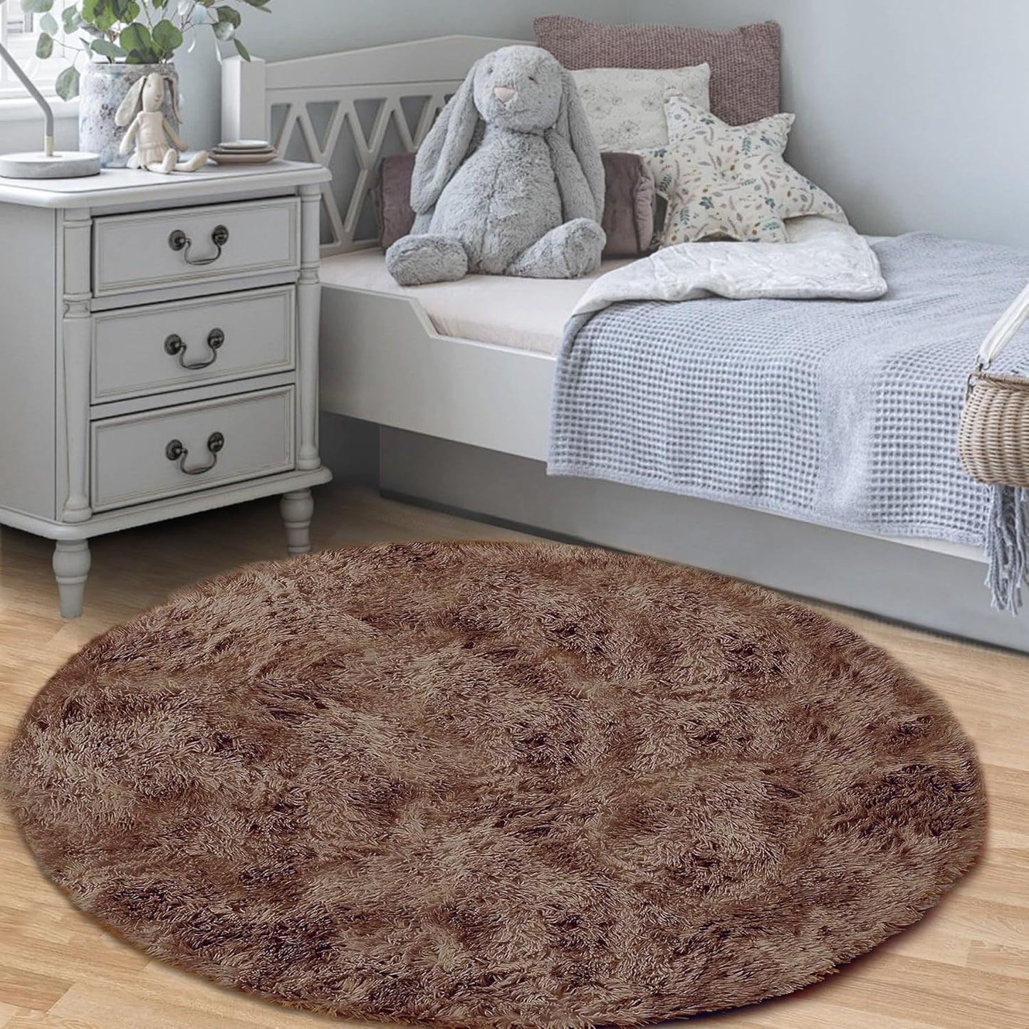 4FT Round Rug for Bedroom: Fluffy Shag Soft Washable Rugs Circle Small Fuzzy Plush Indoor Carpet for Living Room Nursery Playroom Dorm Kids Girls Boys Room (Coffee, 4'x4')