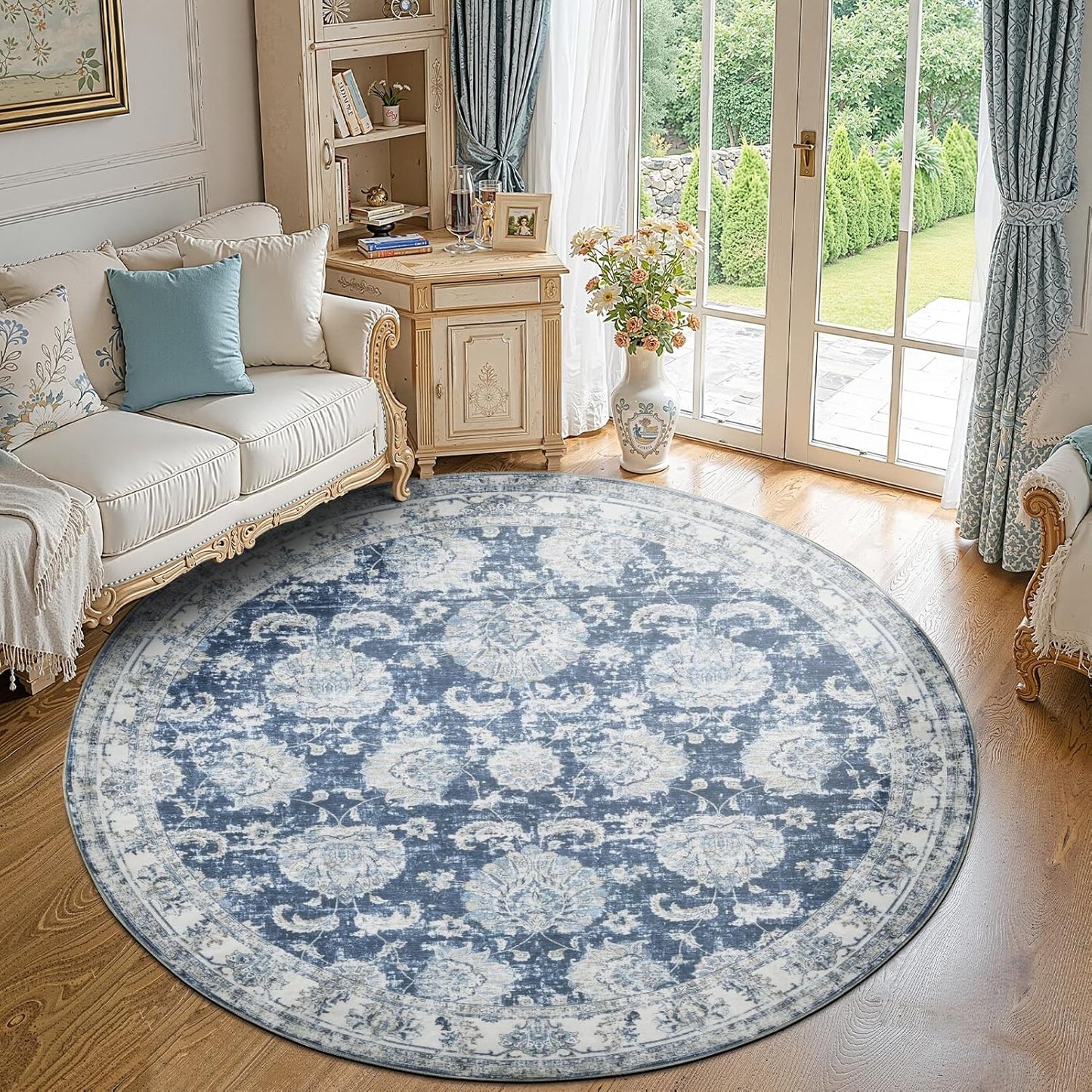 jinchan Round Rug 7ft Area Rug - Dark Blue Vintage Floor Mat Kitchen Indoor Ultra-Thin Soft Floral Print - Washable Circle 7' Retro Accent for Farmhouse Non Slip Dining Room Living Room Bedroom Office