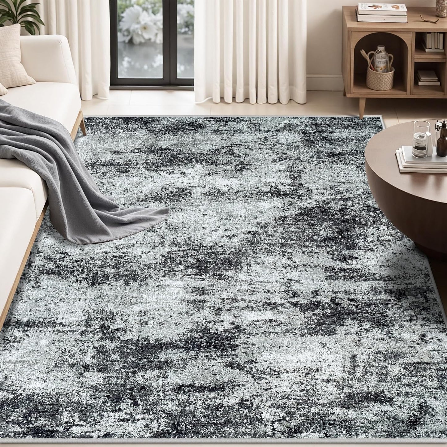 Area Rug Living Room Rugs: 5x7 Abstract Washable Rugs Ultra Soft Carpets with Non-Slip Backing Stain Resistant Carpet for Dining Room Table Bedroom Nursery Indoor Home Office Dark Black/Gray