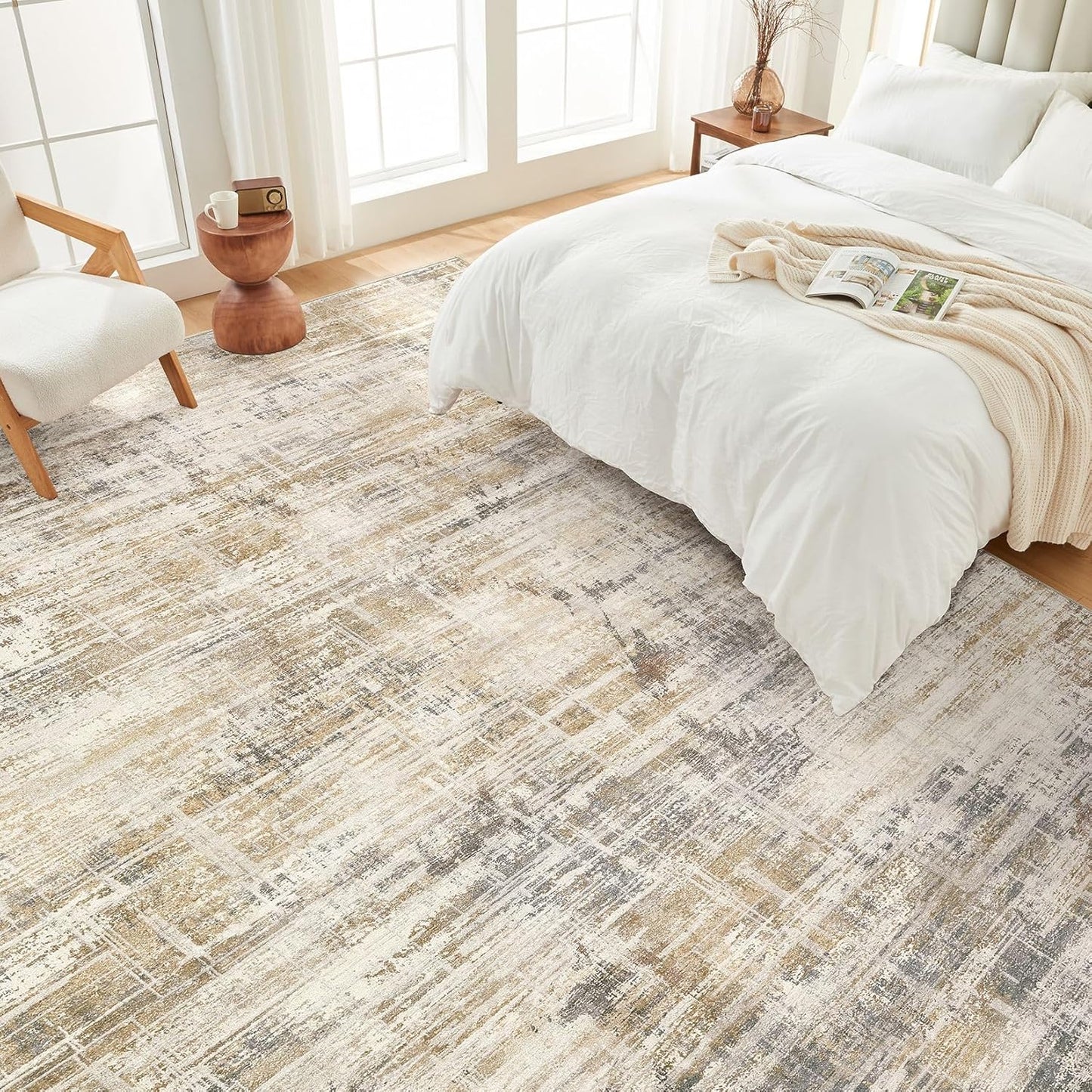 Area Rug for Living Room: 10x12 Washable Neutral Abstract Modern Soft Rugs Non Slip Indoor Floor Stain Resistant Large Carpet for Bedroom Dining Room Office Nursery - Golden Brown