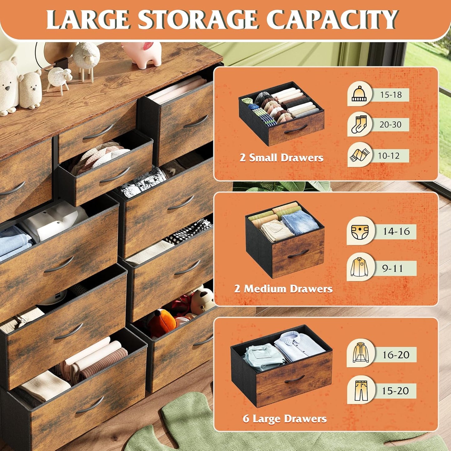 WLIVE Fabric Dresser for Bedroom with 10 Drawers, Chest of Drawers with Side Pockets and Hooks, Sturdy Metal Frame, Drawers Organizer Unit for Living Room, Hallway, Rustic Brown Wood Grain Print