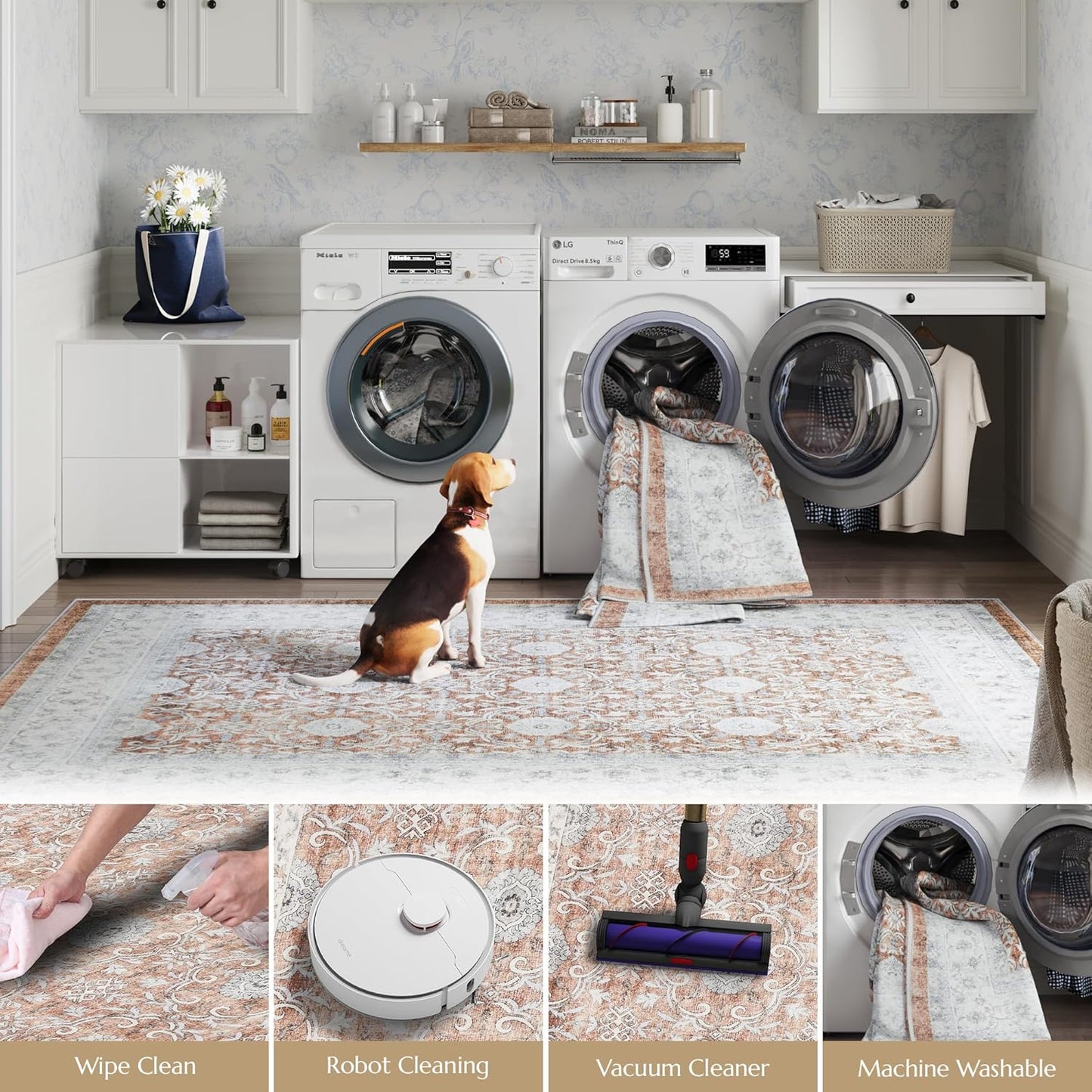 jinchan Floral 5x7 Area Rugs for Bedroom - Machine Washable Vintage Distressed Boho Design Throw Rug Stain Resistant Carpet Low-Pile Thin Non-Slip for Nursery Living Room Dining Room (5‘x7',Orange)