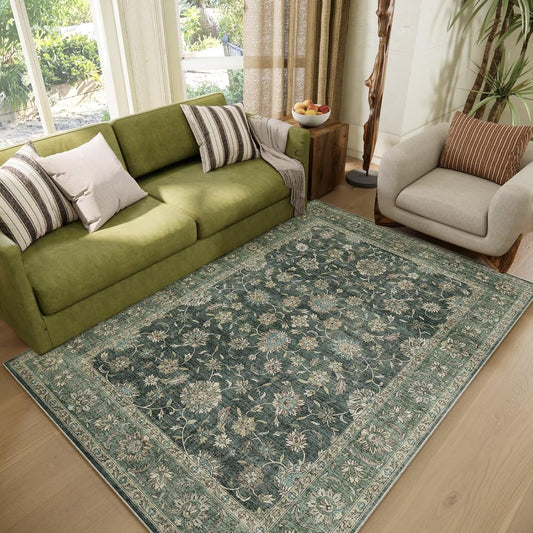 Washable 4x6 Rugs for Living Room, Boho Non-Slip Silicone Backing Small Rugs for Bedroom Nursery Office, 0.3" Neutral Oriental Throw Carpet with 0.16" Cushioning Pad, Sage Green/Multi