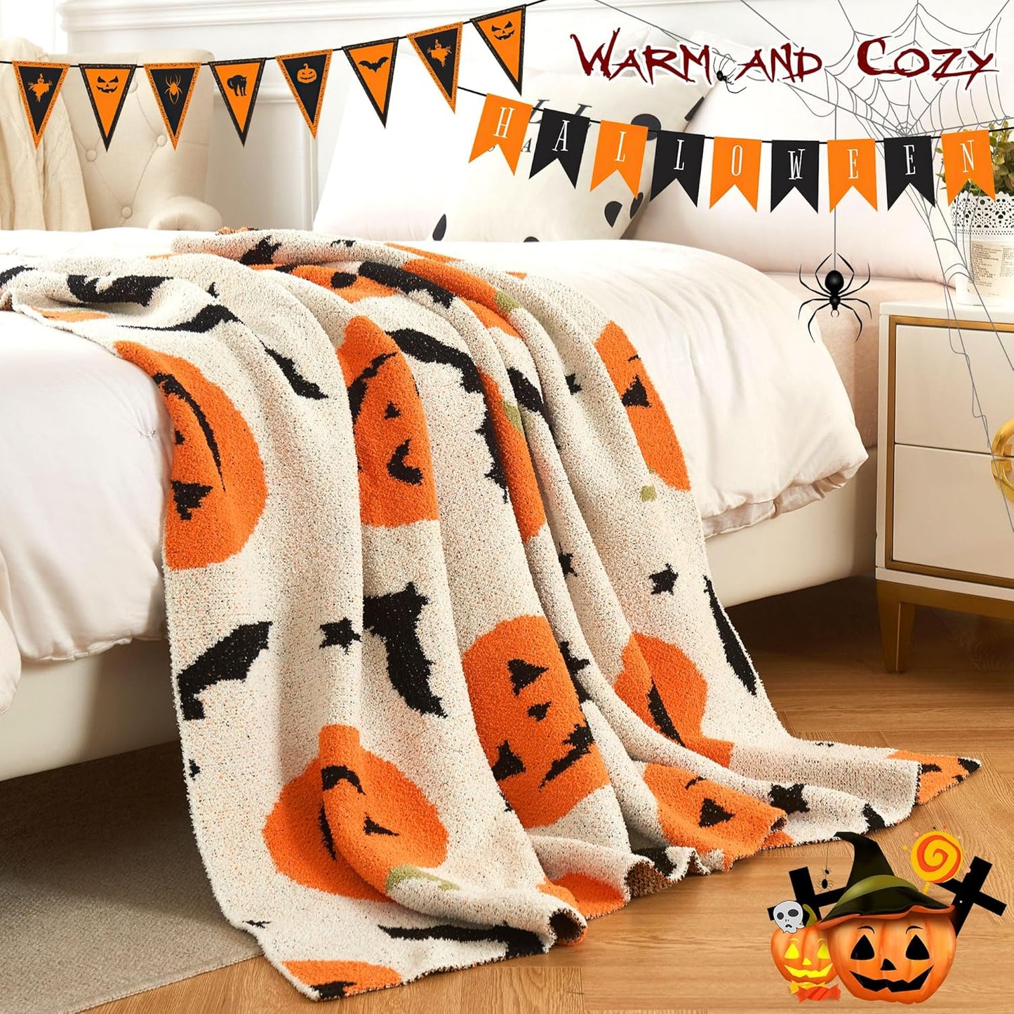 SeaRoomy Halloween Blanket, Ultra Soft Cozy Knit Throw Blanket for Couch, Warm Fluffy Microfiber Lightweight Knitted Throw Blanket Pumpkin Bat Halloween Decor (Pumpkins, 51"×63")