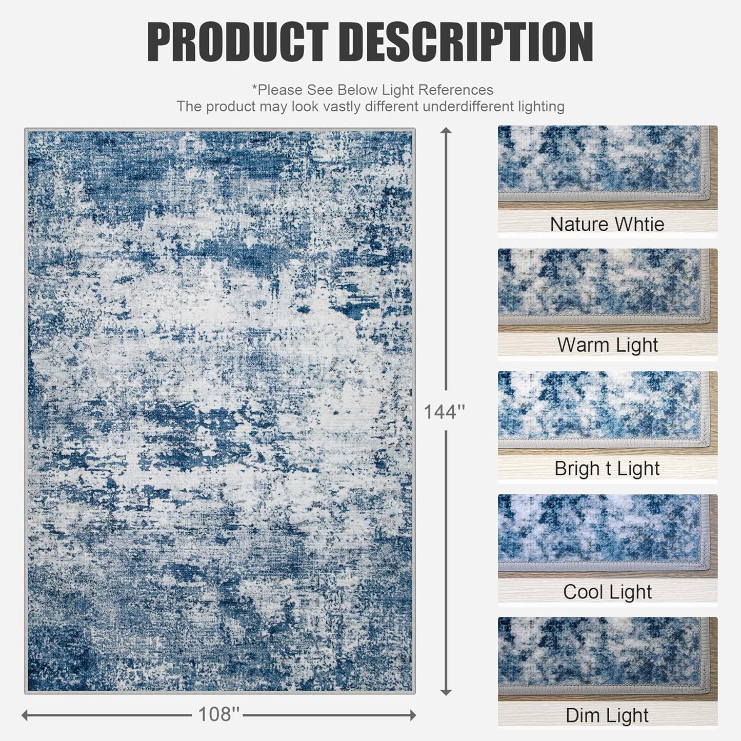 9x12 Area Rug Living Room Rug: Washable Modern Abstract Soft Thin Rug Indoor Floor No Slip Stain Resistant Carpet for Bedroom Dining Room Farmhouse Nursery Home Office - Blue