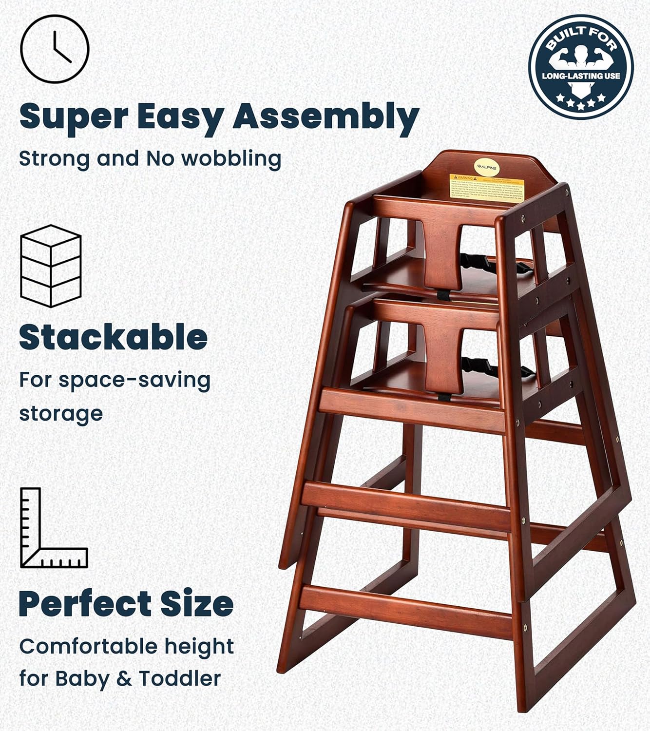 Alpine Wooden High Chairs for Babies and Toddlers with Safety Strap, Commercial Grade Restaurant High Chair, Durable Wood Space Saver Baby Feeding Chair, Ideal for Dining Spaces (2 Pack, Mahogany)