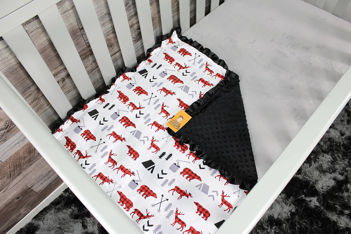 Dear Baby Gear Baby Blankets, Woodland Adventure Bear Moose Lumberjack Plaid, Minky Black, 32 Inches by 32 Inches