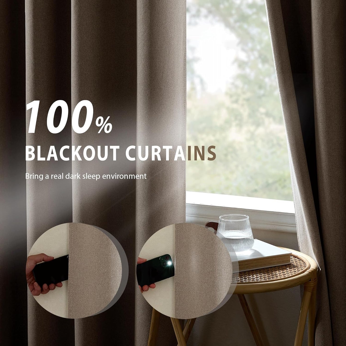 NICETOWN Linen Bedroom Full Blackout Faux Linen Curtain Panels Set of 2, 52" by 72", Thick Insulated Classic Grommet Blackout Draperies with White Thermal Insulated Liner for Windows
